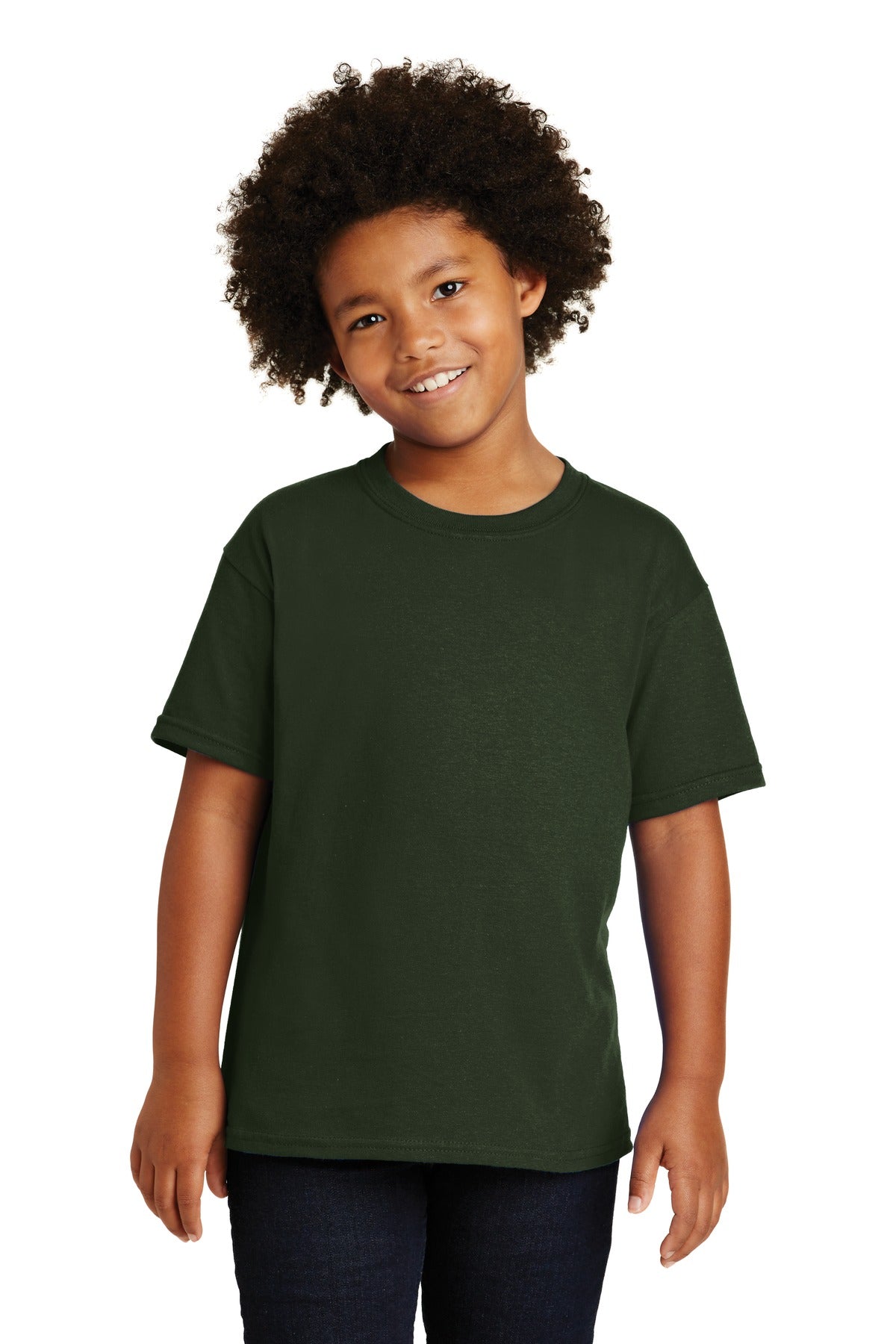 Front View of Forest Gildan - Youth Heavy Cotton 100% Cotton T-Shirt. 5000B