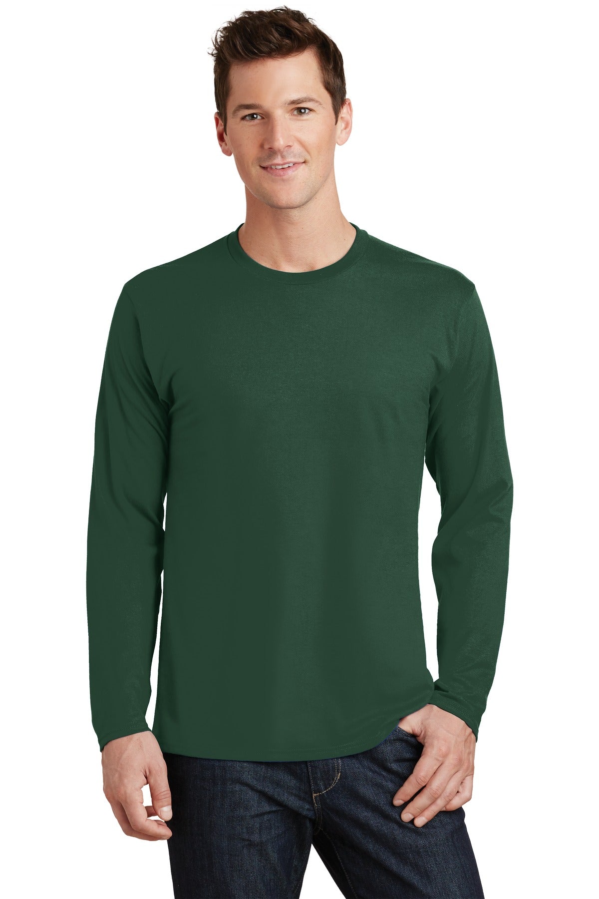 Front View of Forest Green Port & Co Long Sleeve Fan Favorite Tee. PC450LS