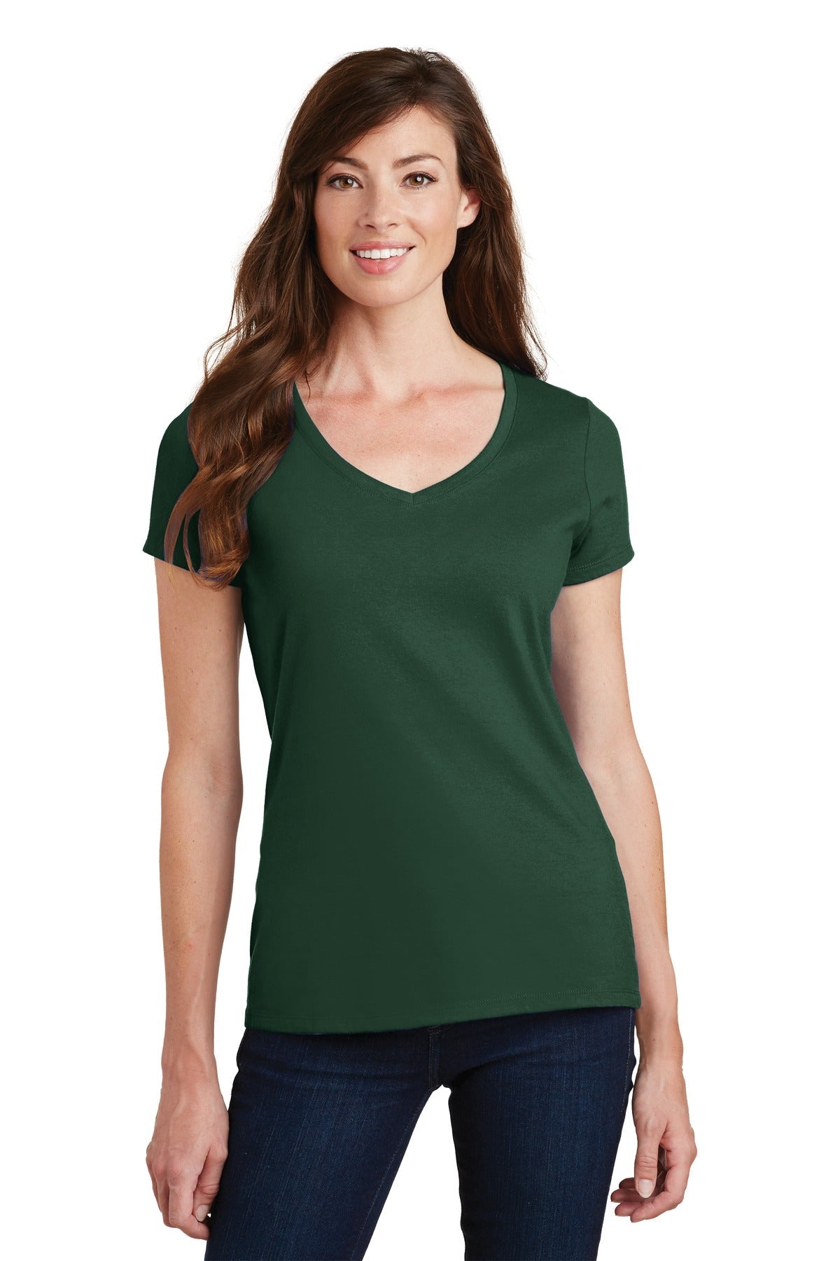 Front View of Forest Green Port & Co Women's Fan Favorite V-Neck Tee. LPC450V
