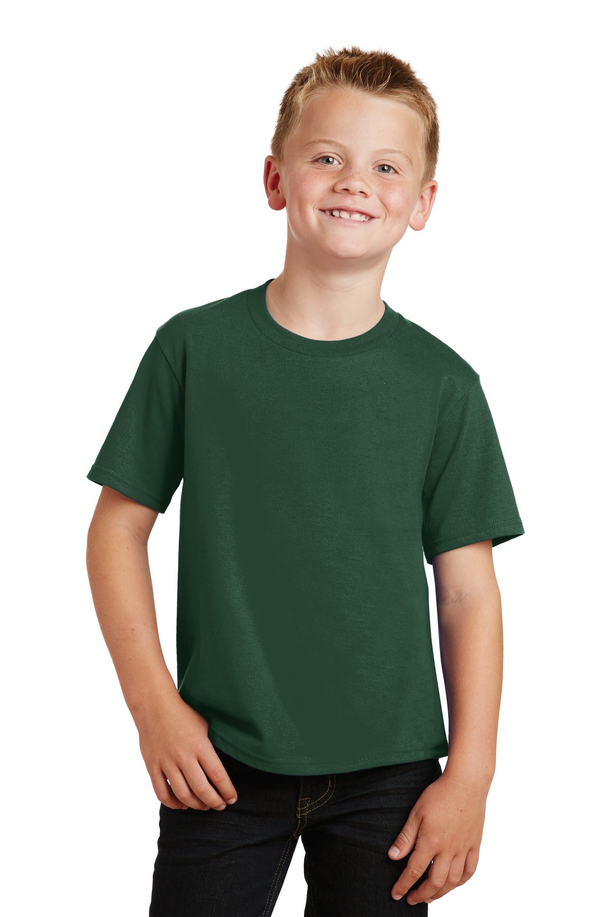 Front View of Forest Green Port & Co Youth Fan Favorite Tee. PC450Y