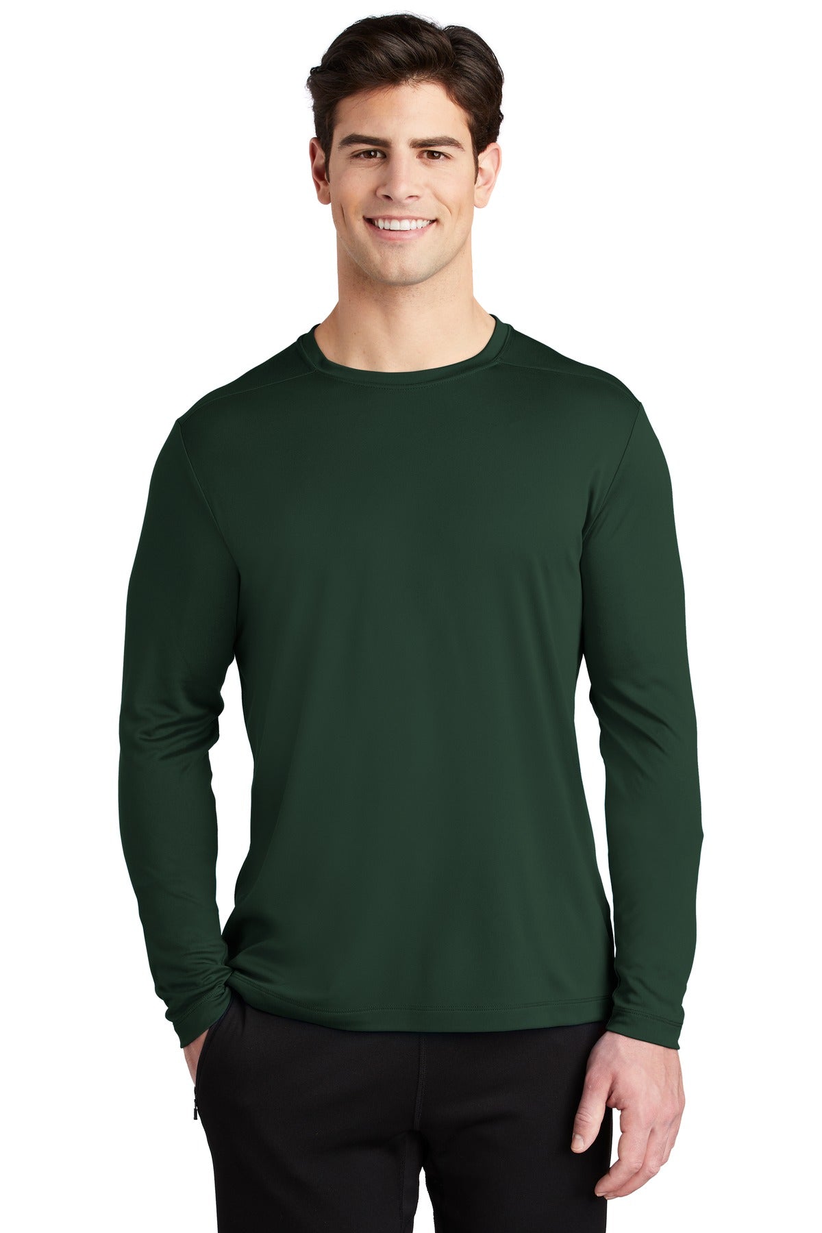 Front View of Forest Green Sport-Tek Posi-UV Pro Long Sleeve Tee. ST420LS
