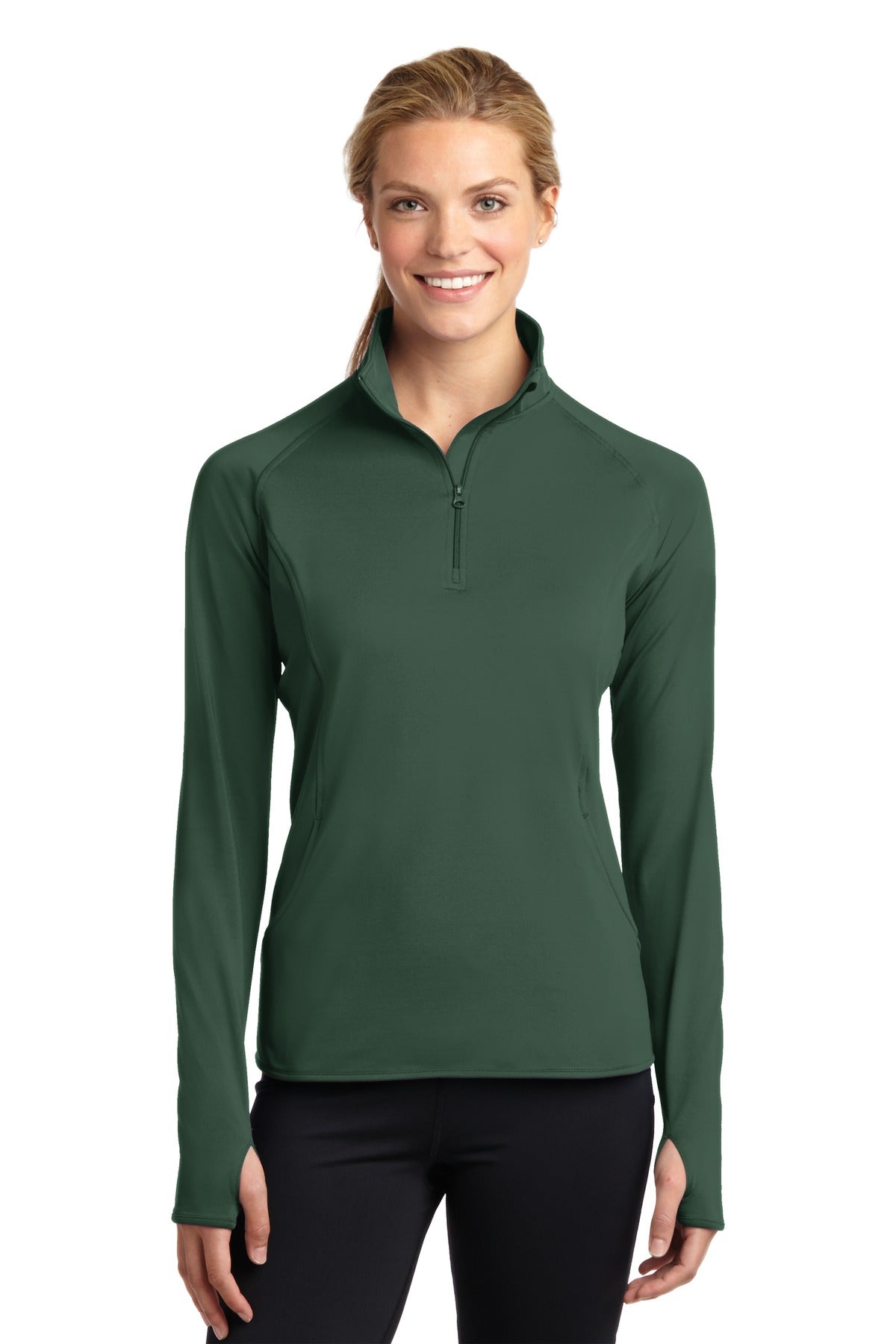 Front View of Forest Green Sport-Tek Women's Sport-Wick Stretch 1/4-Zip Pullover. LST850