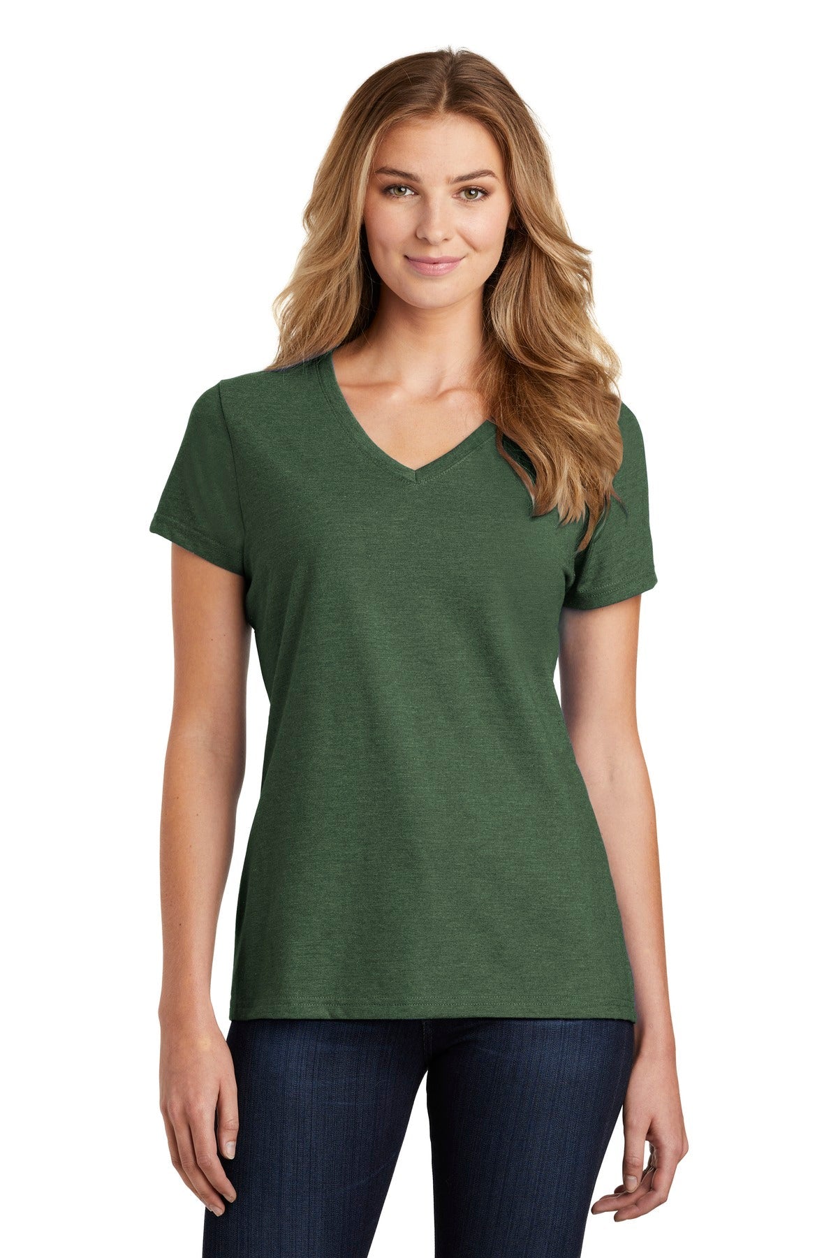 Front View of Forest Grn Hth Port & Co Women's Fan Favorite Blend V-Neck Tee. LPC455V