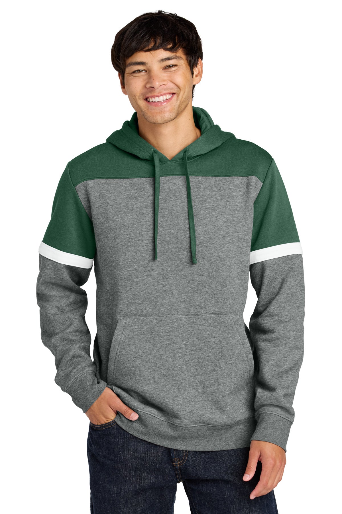 Front View of FrGn/VtgH Sport-Tek Drive Fleece Colorblock Hoodie STF205