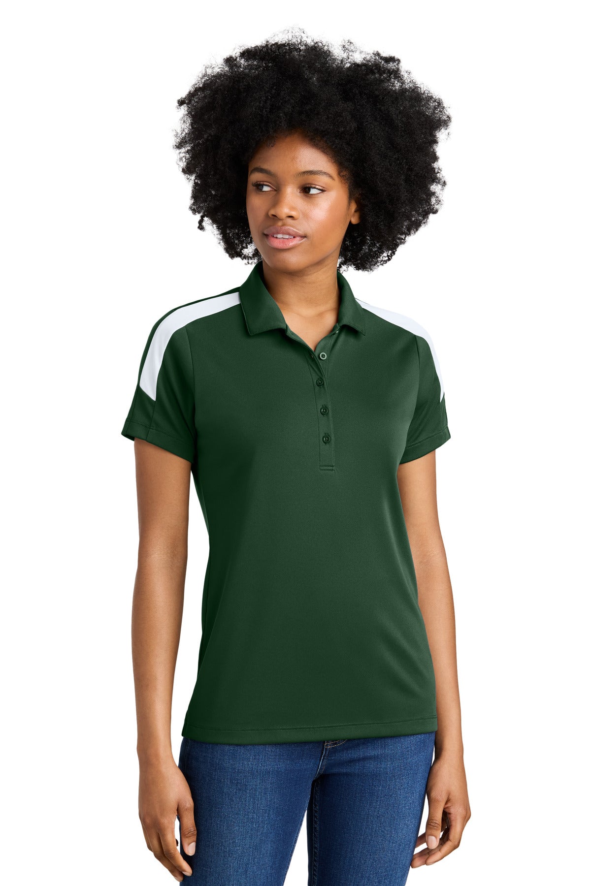 Front View of FrGn/White Sport-Tek Women's Competitor United Polo LST104