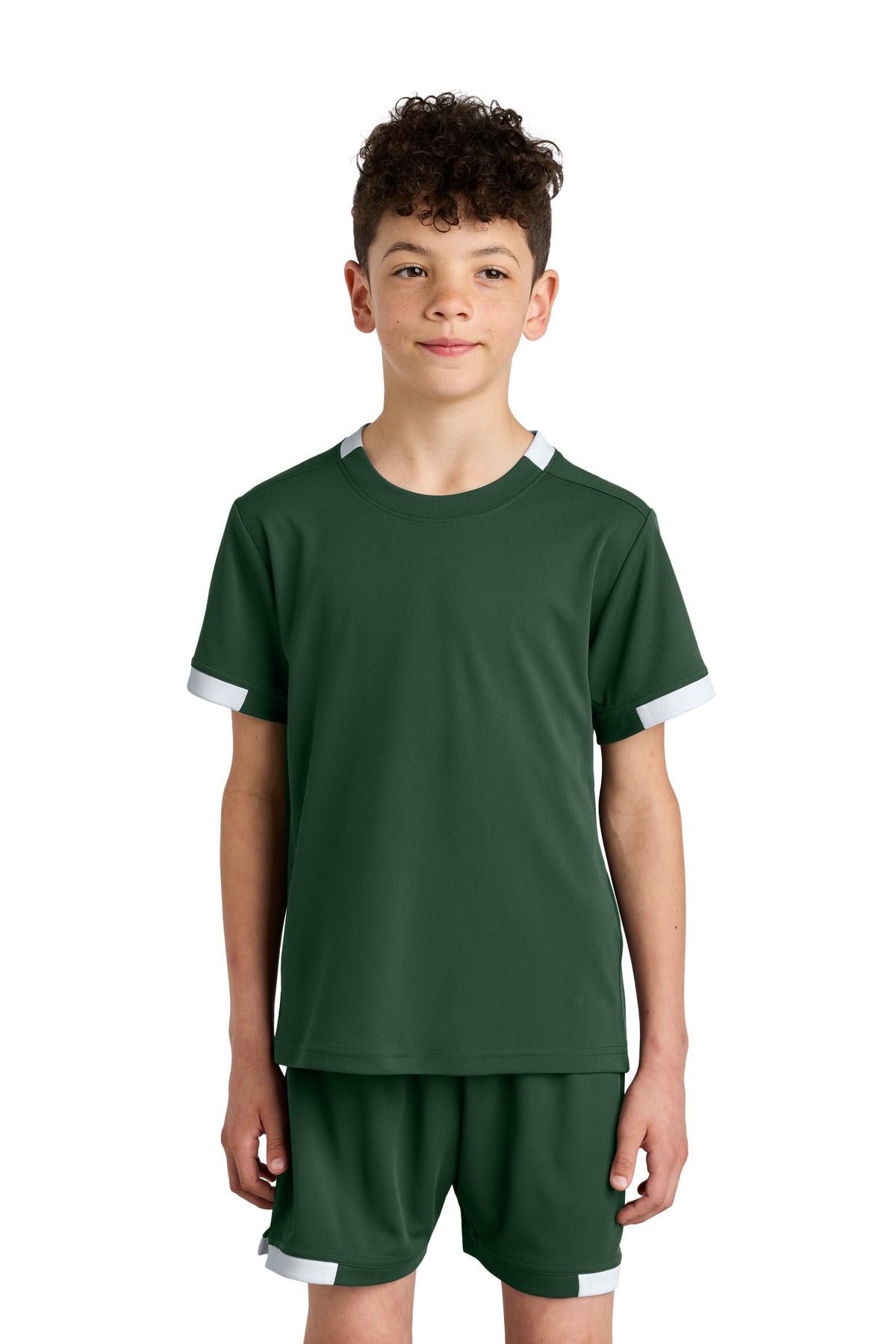 Front View of FrGn/White Sport-Tek Youth Club Short Sleeve Crew YST440