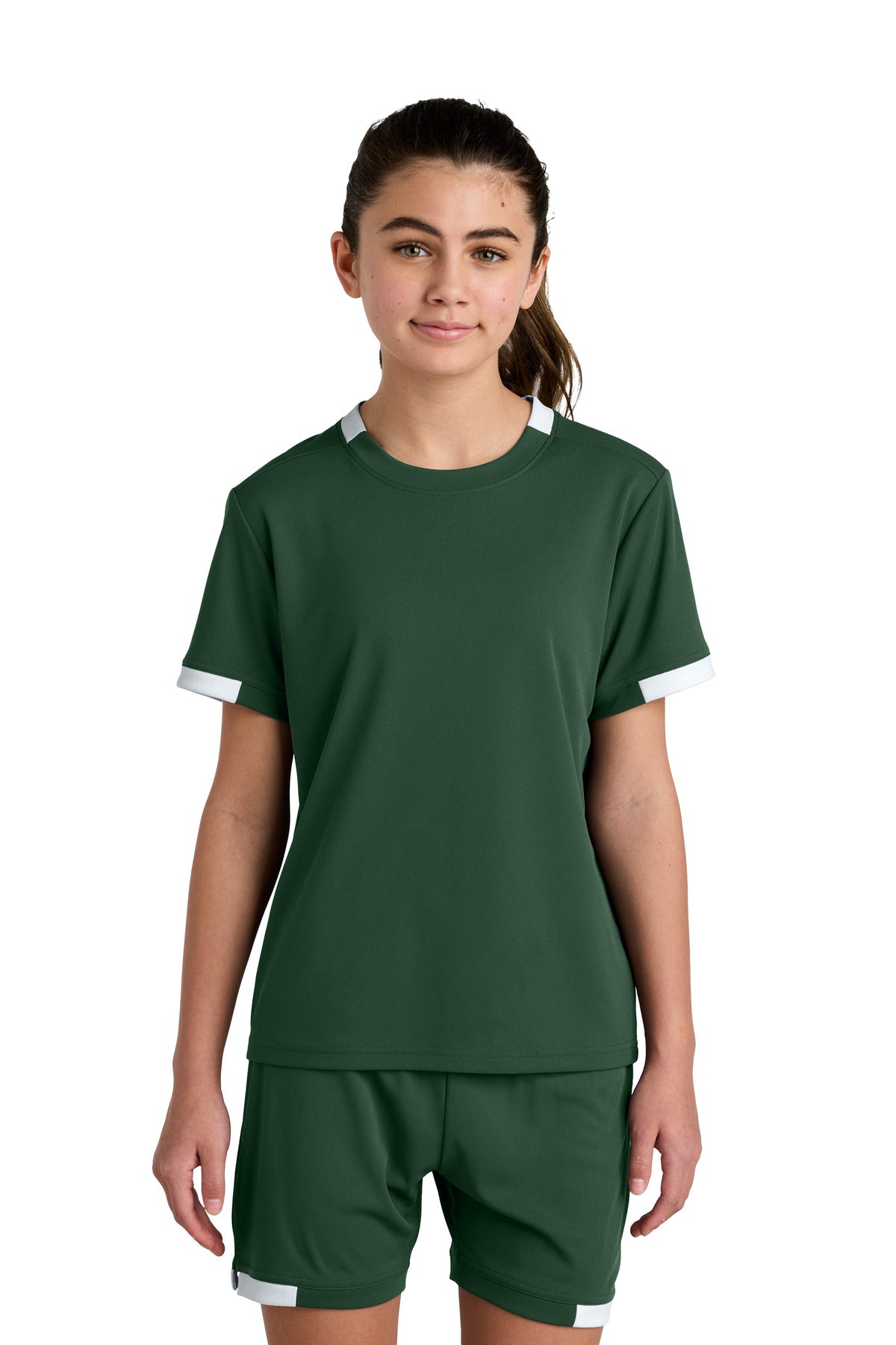 Front View of FrGn/White Sport-Tek Youth Club Short Sleeve Crew YST440