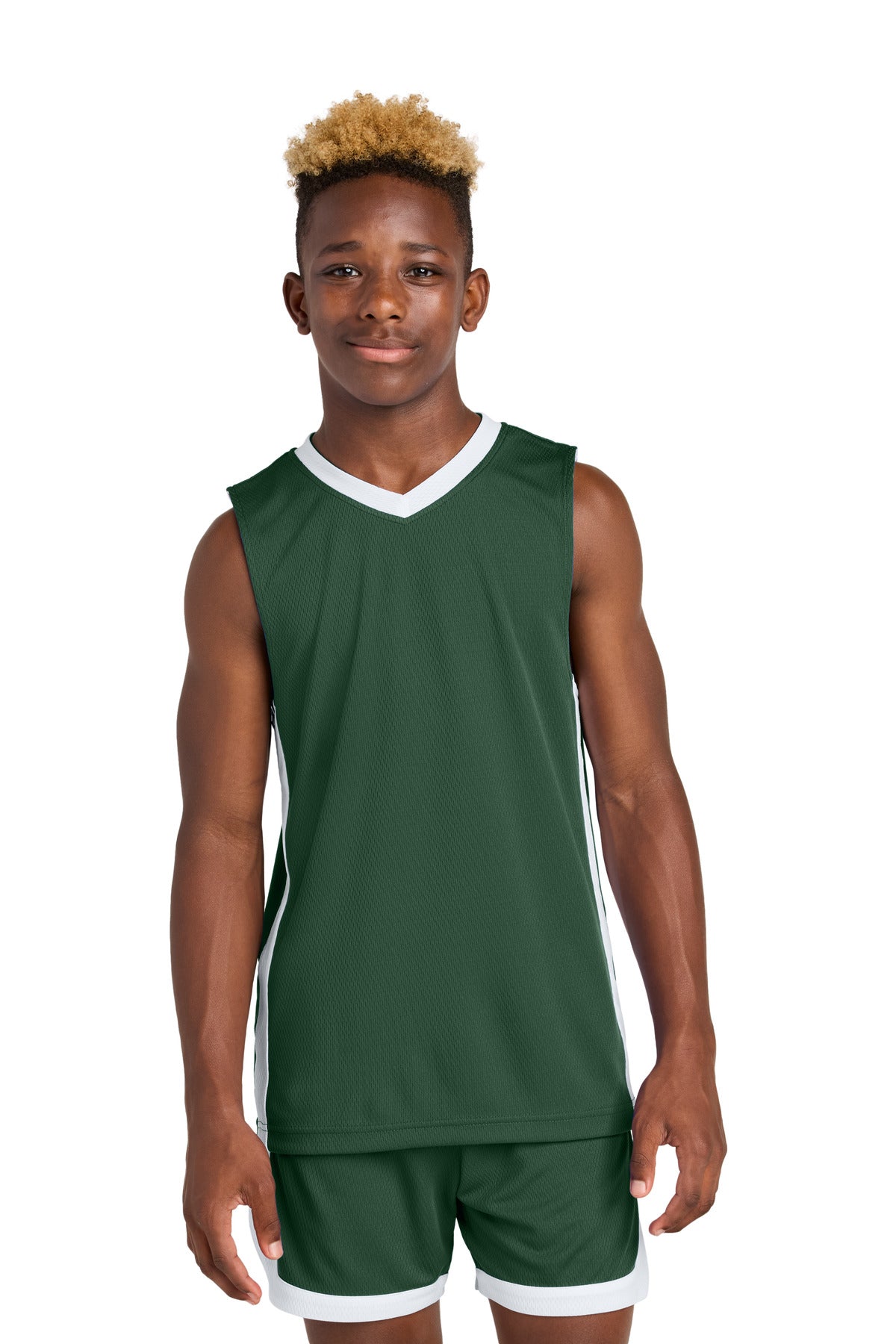 Front View of FrGn/White Sport-Tek Youth Rival Basketball Rev Jersey YST900