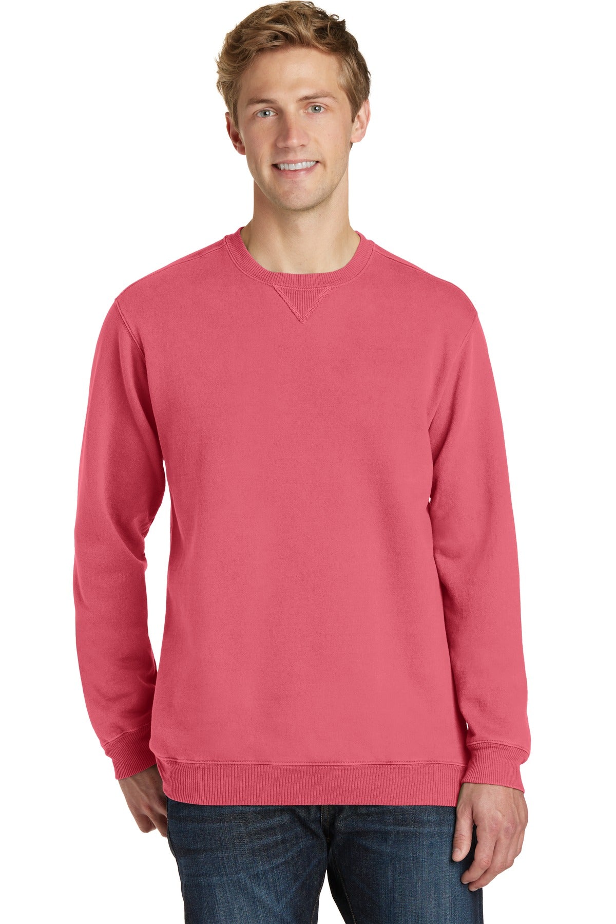Front View of Fruit Punch Port & Co Beach Wash Garment-Dyed Crewneck Sweatshirt PC098