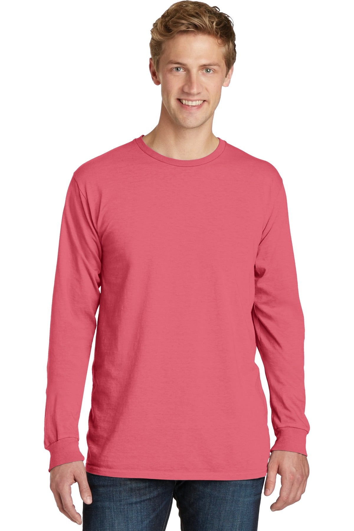 Front View of Fruit Punch Port & Co Beach Wash Garment-Dyed Long Sleeve Tee PC099LS