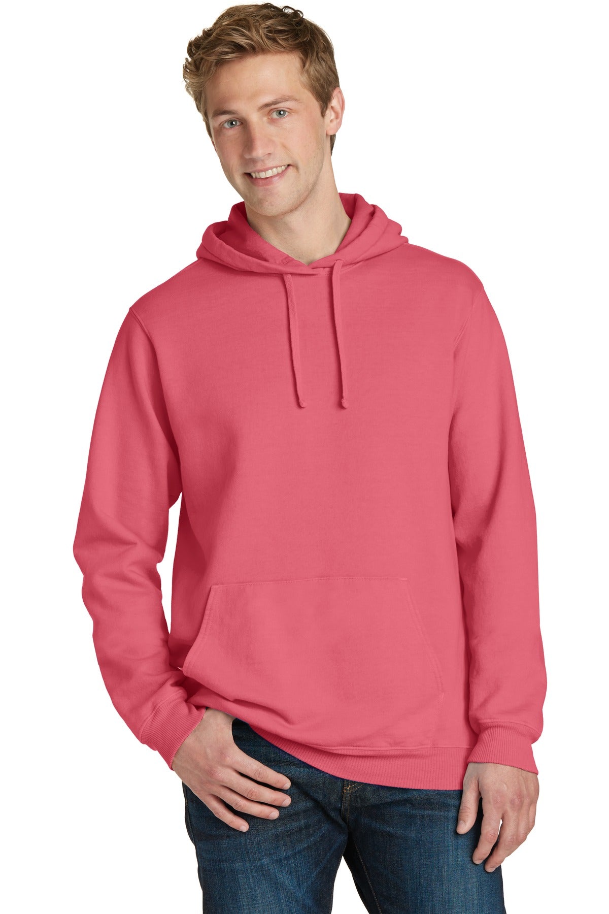 Front View of Fruit Punch Port & Co Beach Wash Garment-Dyed Pullover Hooded Sweatshirt. PC098H