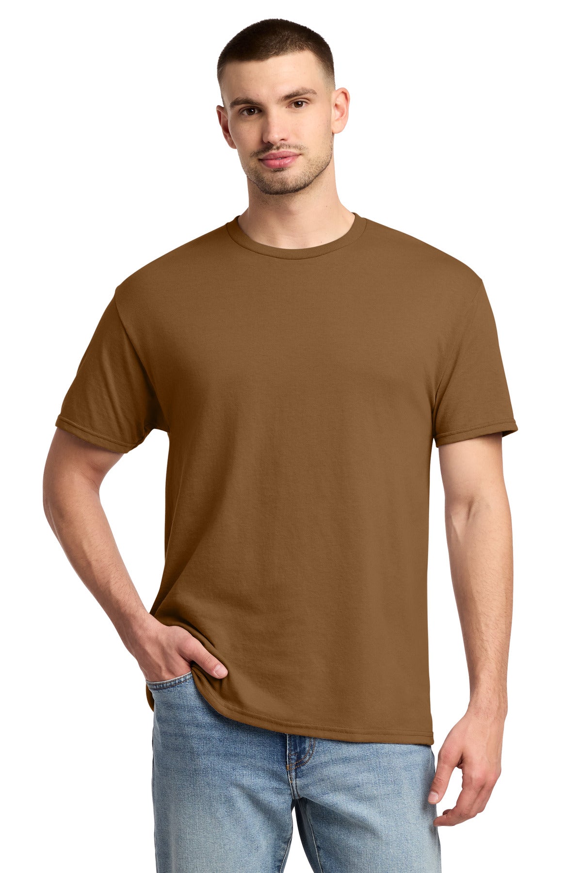Front View of GldnPecan Jerzees - Dri-Power 50/50 Cotton/Poly T-Shirt. 29M