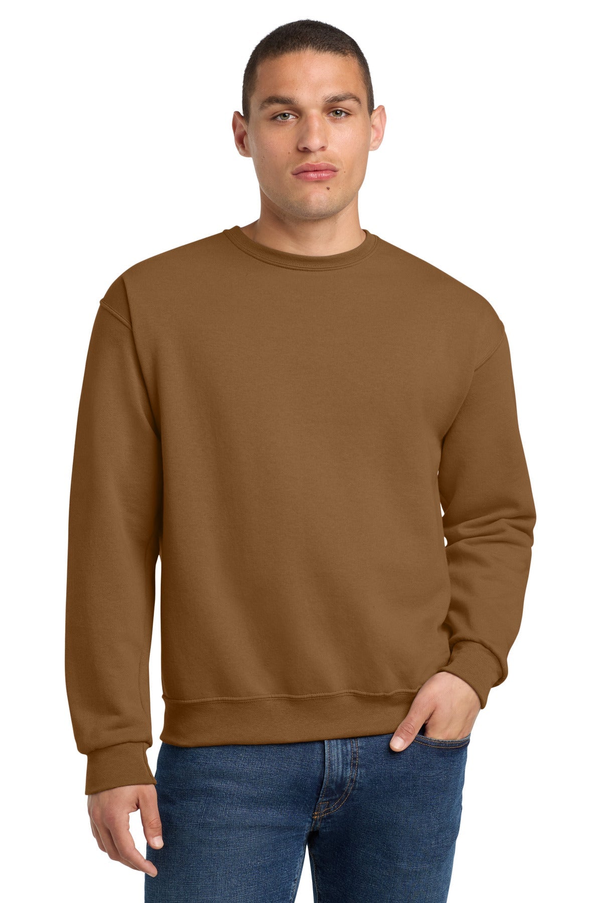 Front View of GldnPecan Jerzees - NuBlend Crewneck Sweatshirt. 562M