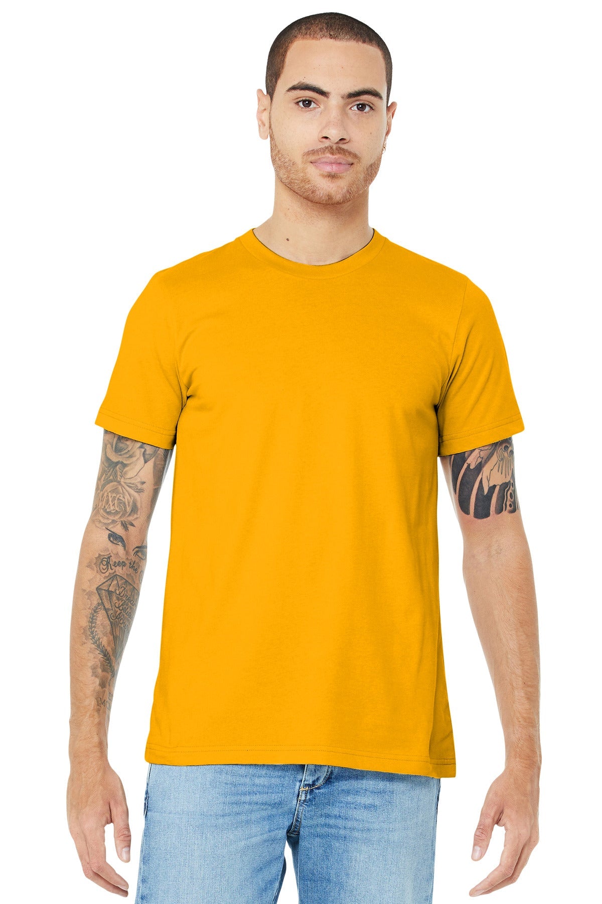 Front View of Gold BELLA+CANVAS Unisex Jersey Short Sleeve Tee. BC3001