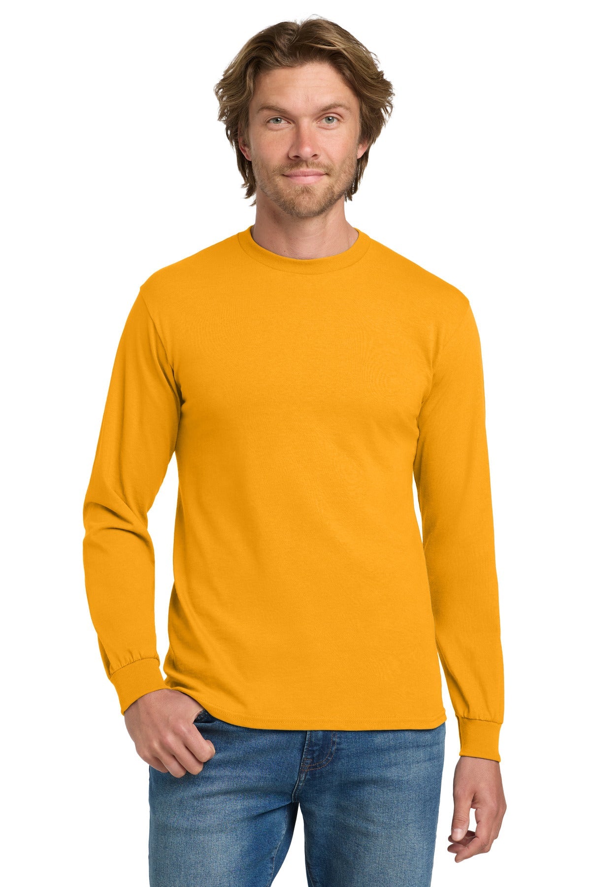Front View of Gold Gildan - Heavy Cotton 100% Cotton Long Sleeve T-Shirt. 5400