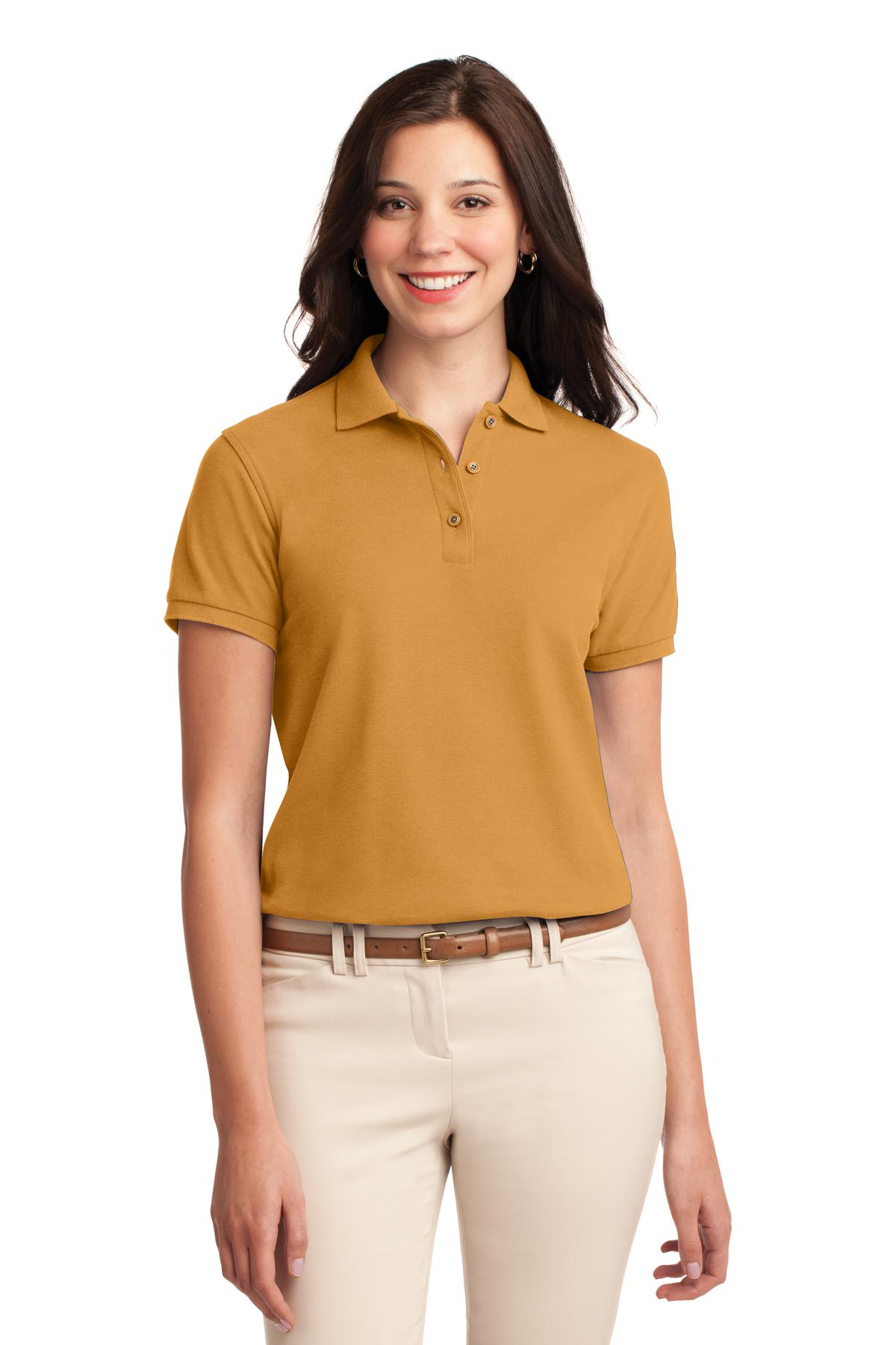 Front View of Gold Port Authority Women's Silk Touch Polo. L500