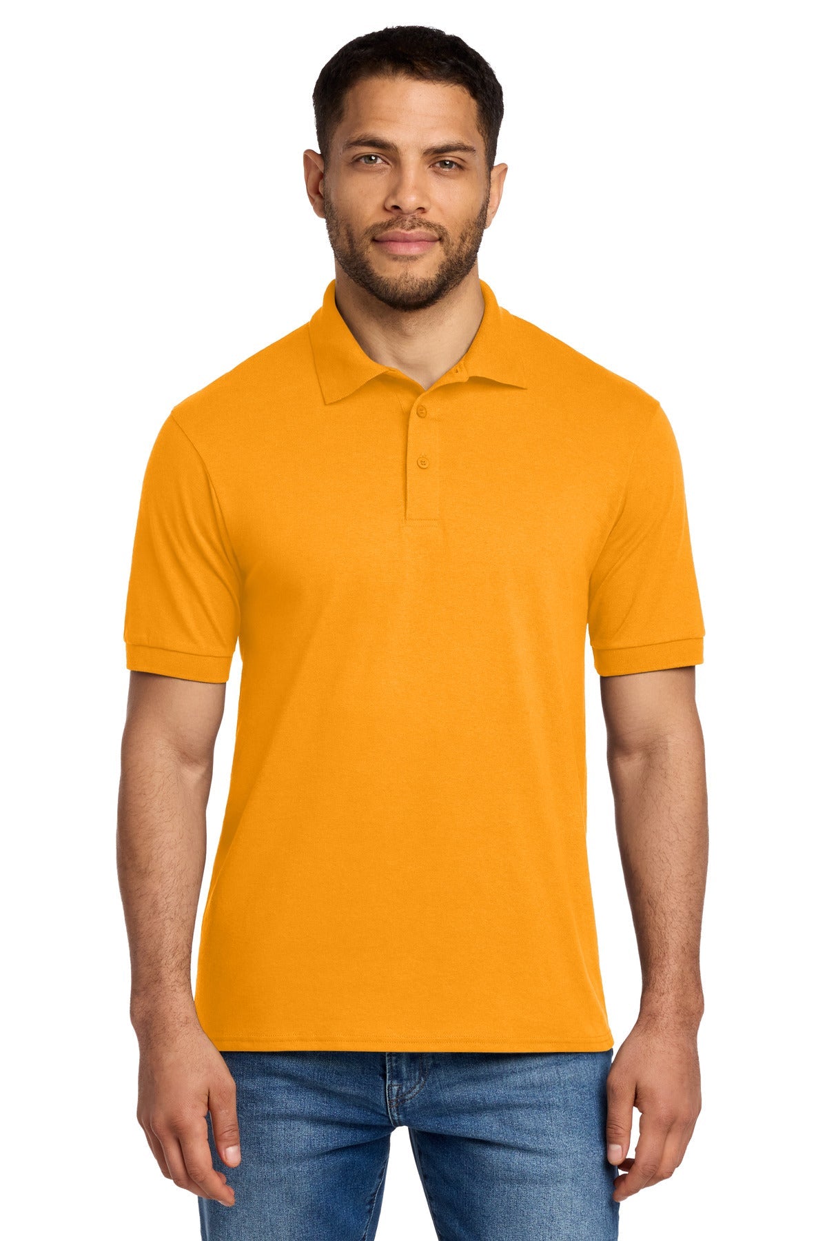 Front View of Gold Port & Co Core Blend Jersey Knit Polo. KP55