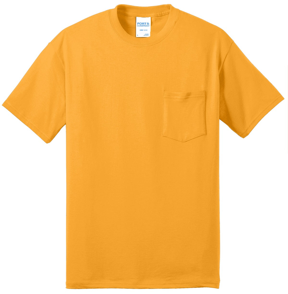 Front View of Gold Port & Co Core Blend Pocket Tee. PC55P