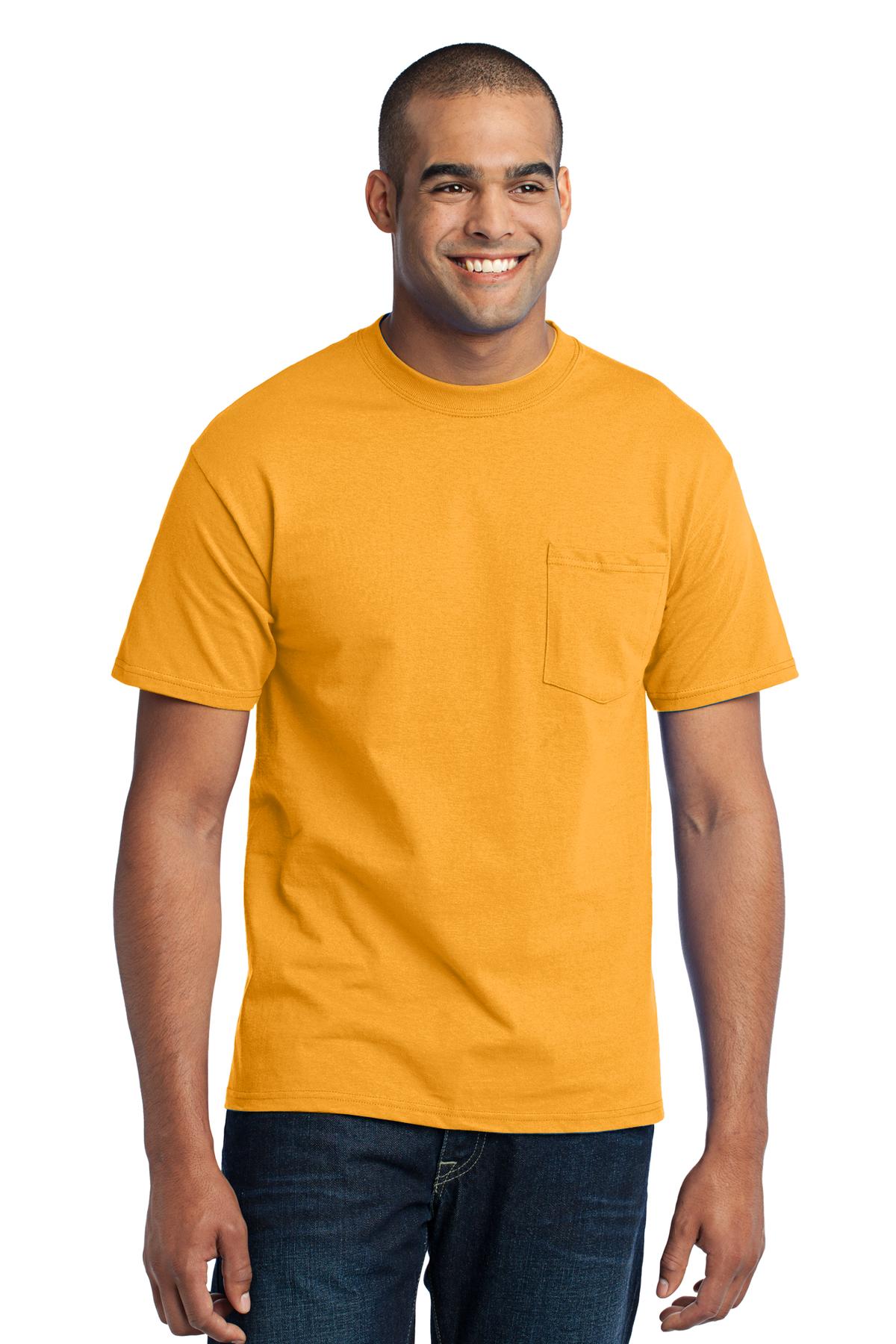 Front View of Gold Port & Co Core Blend Pocket Tee. PC55P