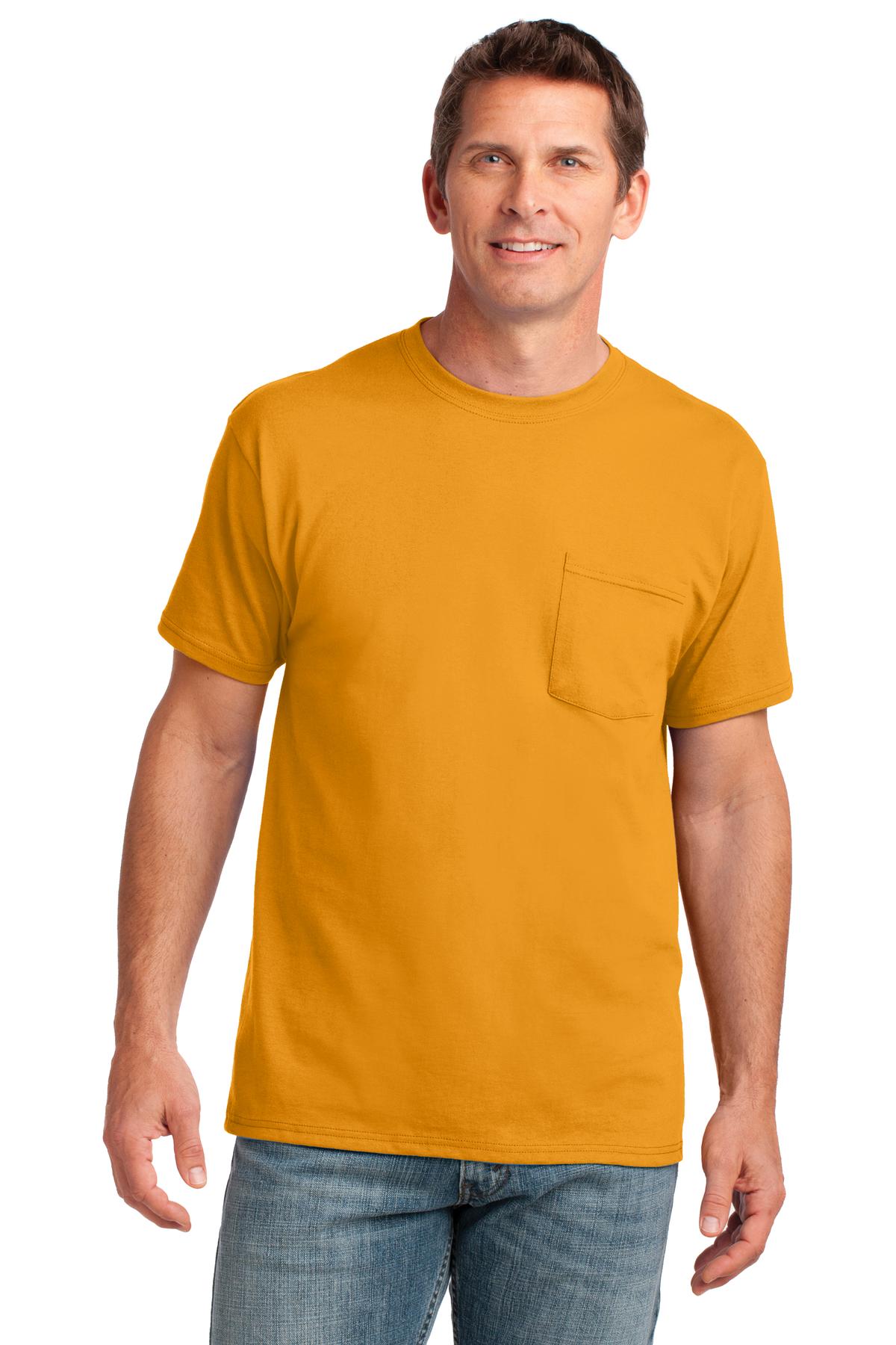 Front View of Gold Port & Co Core Cotton Pocket Tee. PC54P