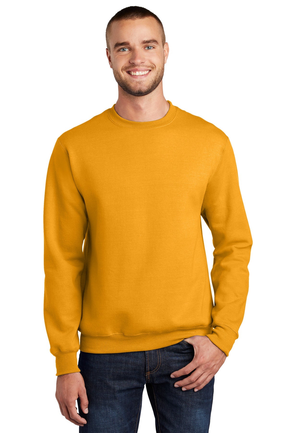 Front View of Gold Port & Co Essential Fleece Crewneck Sweatshirt. PC90