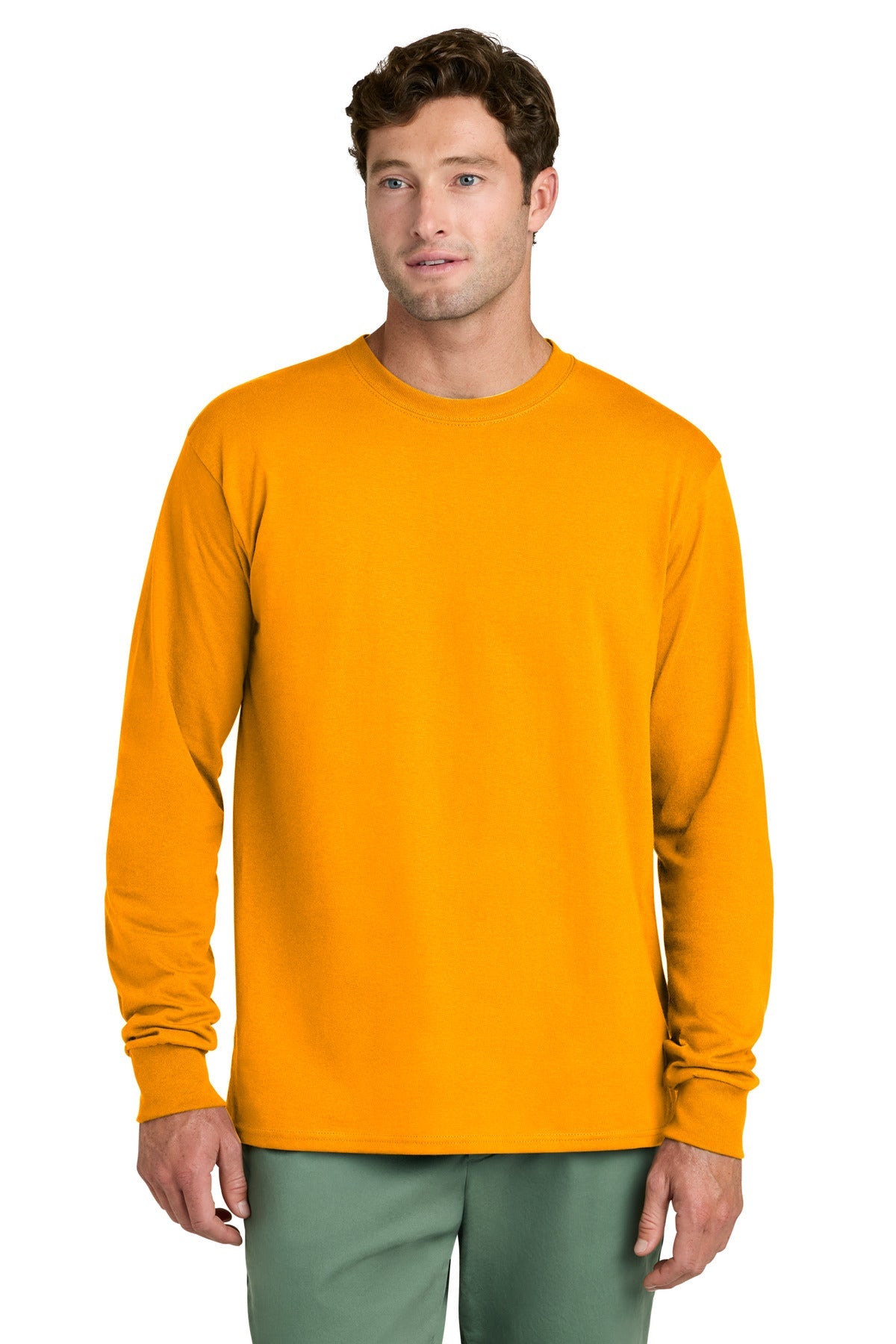 Front View of Gold Port & Co Long Sleeve Core Cotton Tee. PC54LS