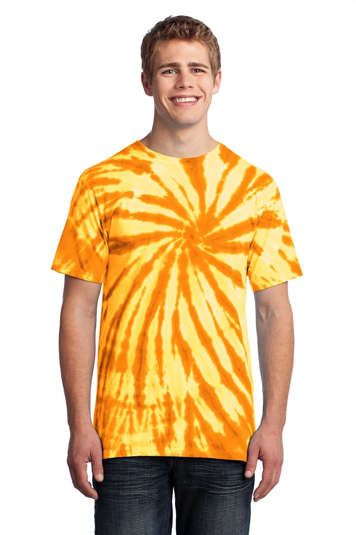 Front View of Gold Port & Co Tie-Dye Tee. PC147