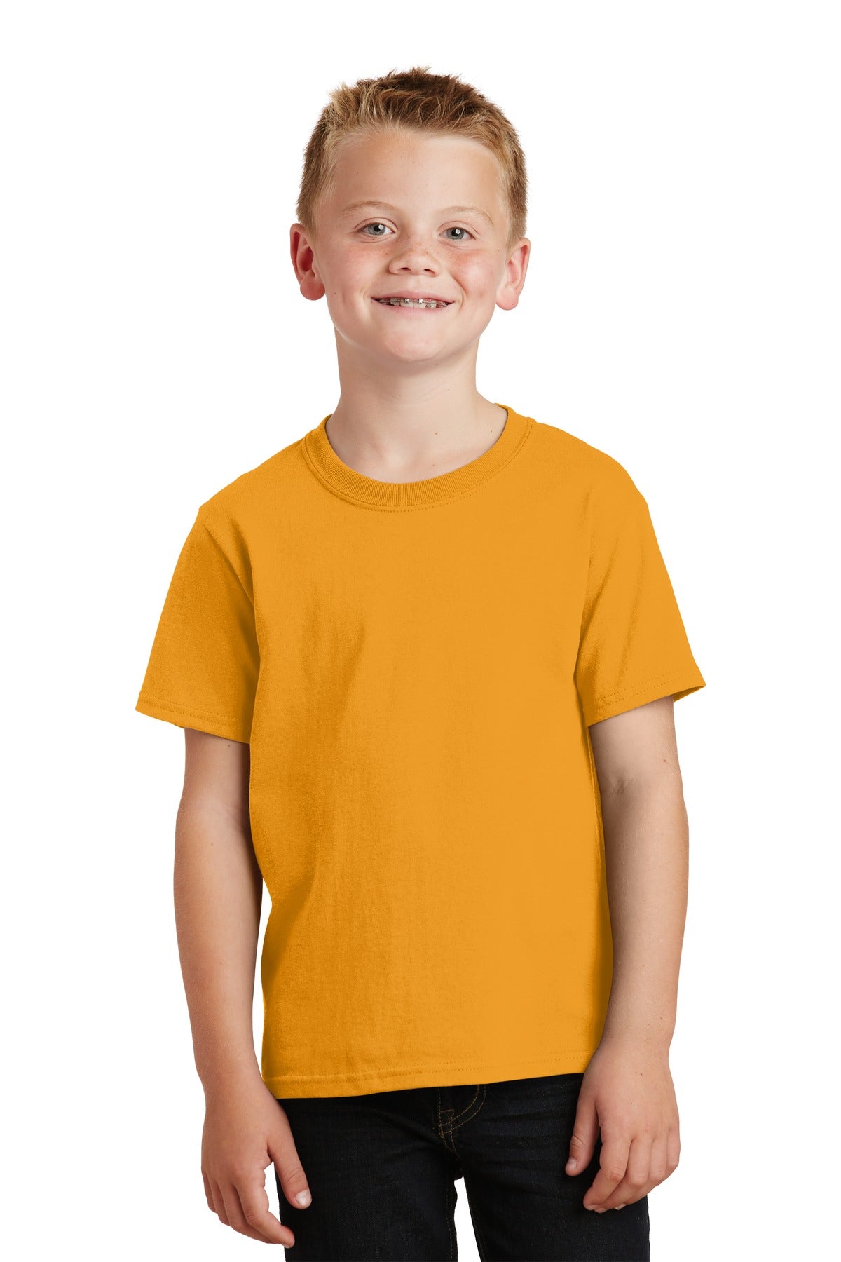 Front View of Gold Port & Co Youth Core Cotton Tee. PC54Y
