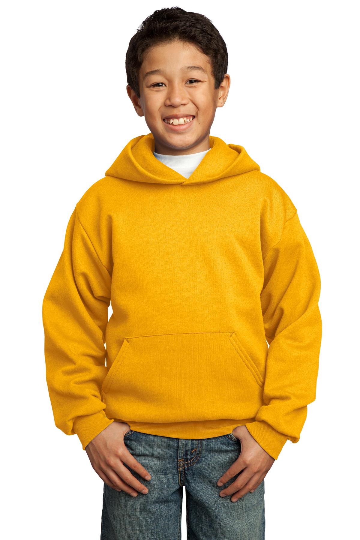 Front View of Gold Port & Co Youth Core Fleece Pullover Hooded Sweatshirt. PC90YH