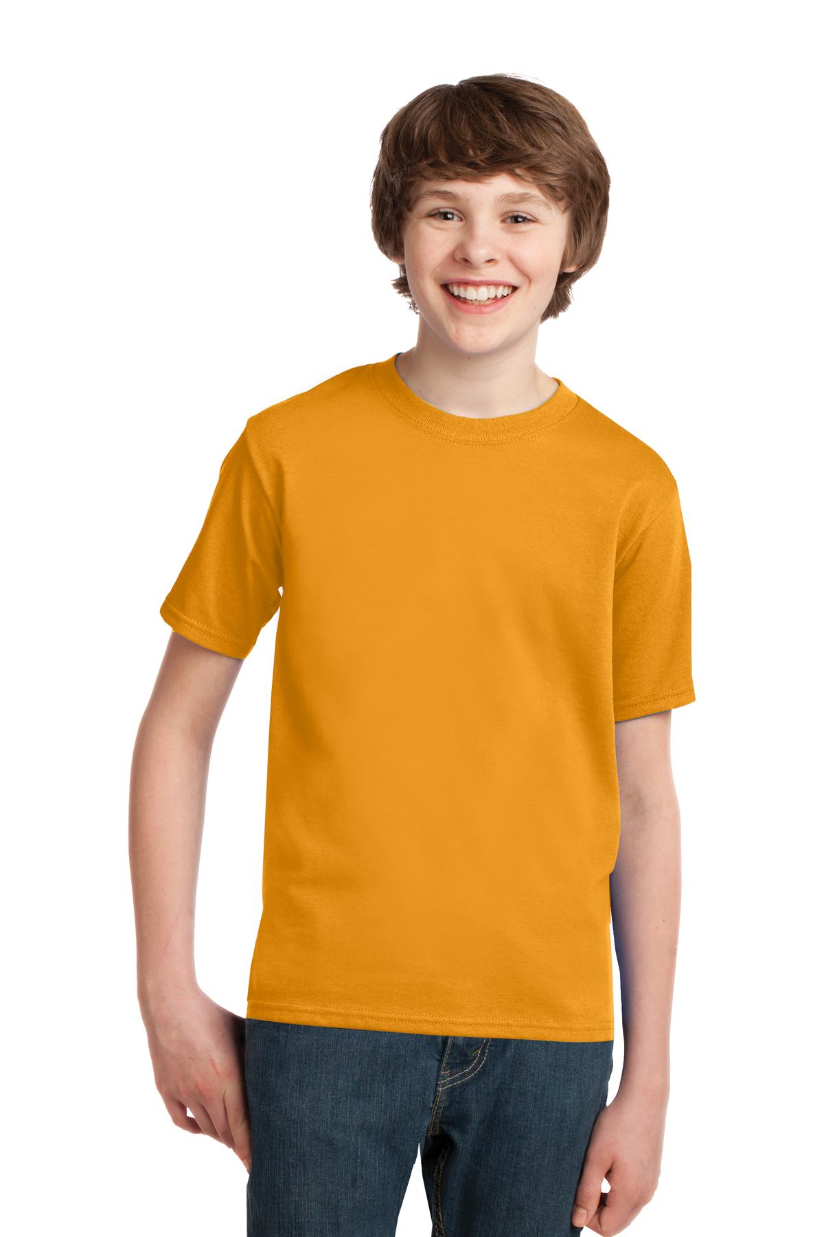 Front View of Gold Port & Co Youth Essential Tee. PC61Y