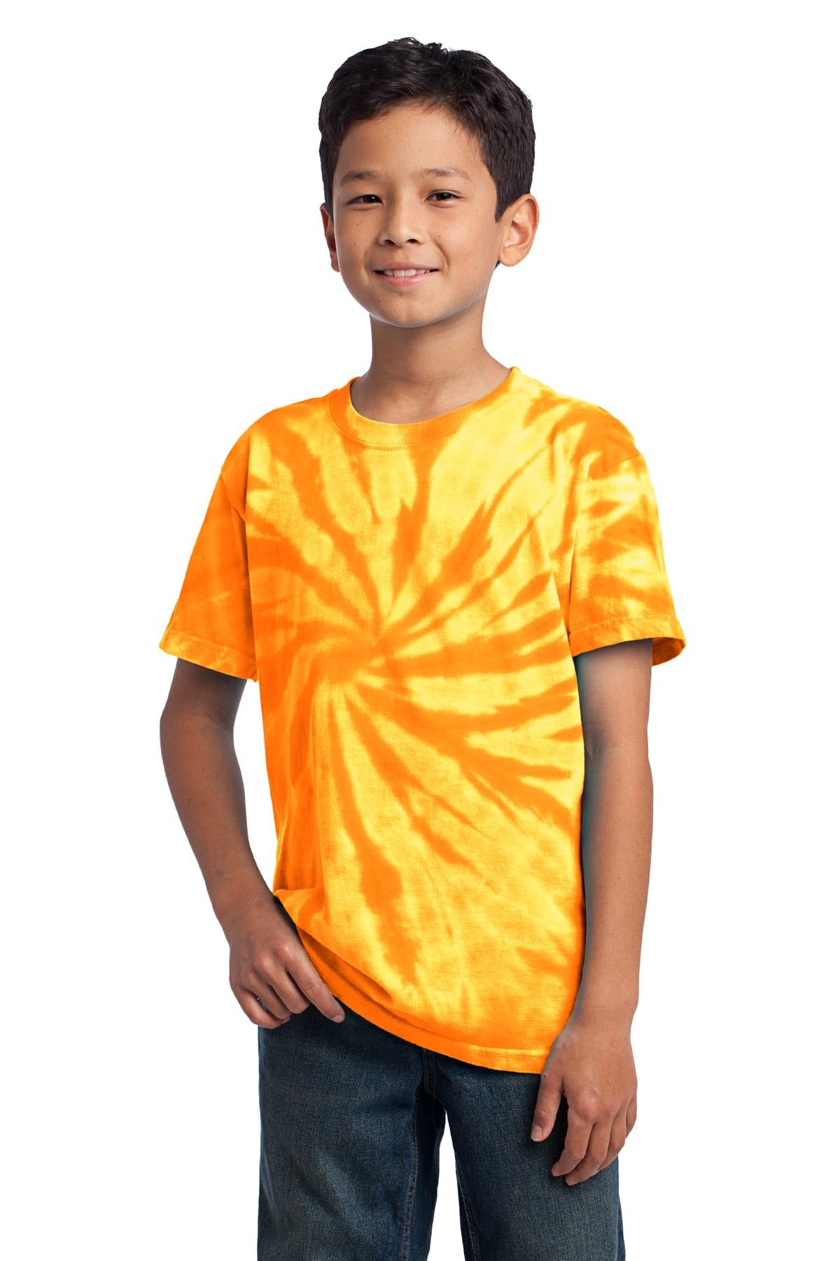 Front View of Gold Port & Co Youth Tie-Dye Tee. PC147Y