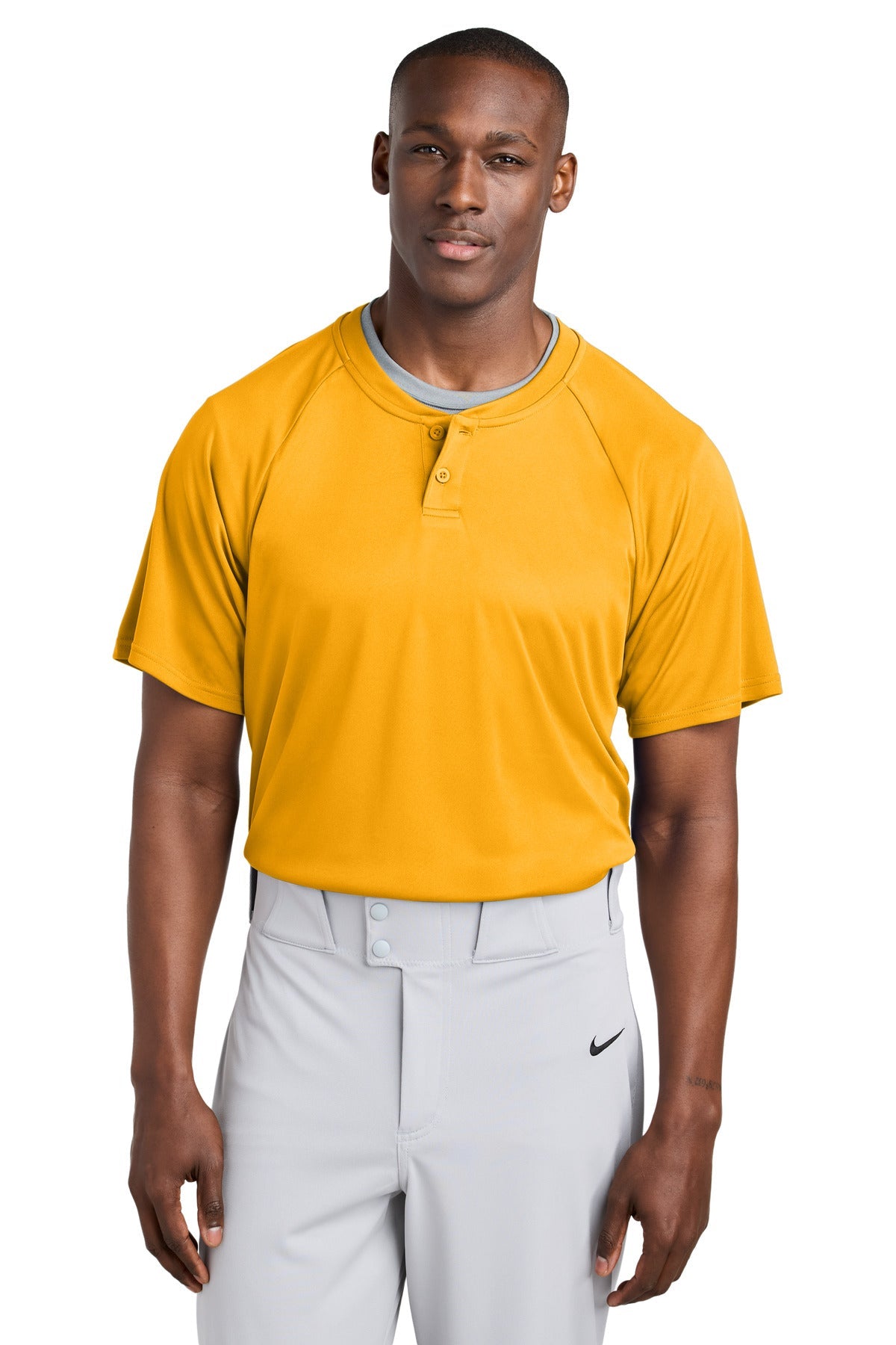 Front View of Gold Sport-Tek PosiCharge Competitor 2-Button Henley ST359