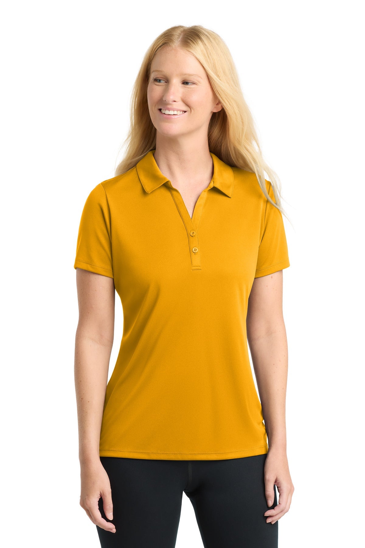 Front View of Gold Sport-Tek Women's PosiCharge Competitor Polo. LST550