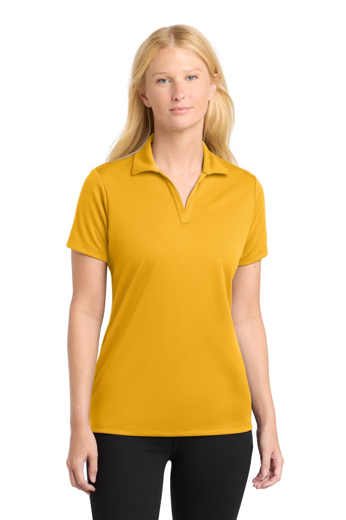 Front View of Gold Sport-Tek Women's PosiCharge RacerMesh Polo. LST640
