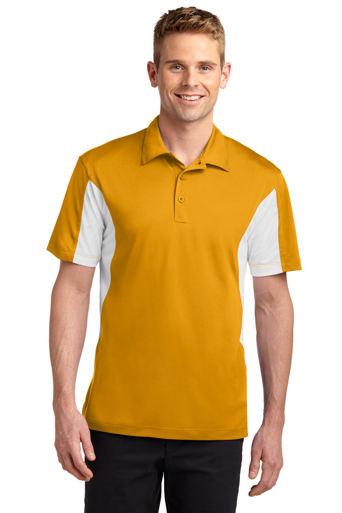 Front View of Gold/White Sport-Tek Side Blocked Micropique Sport-Wick Polo. ST655