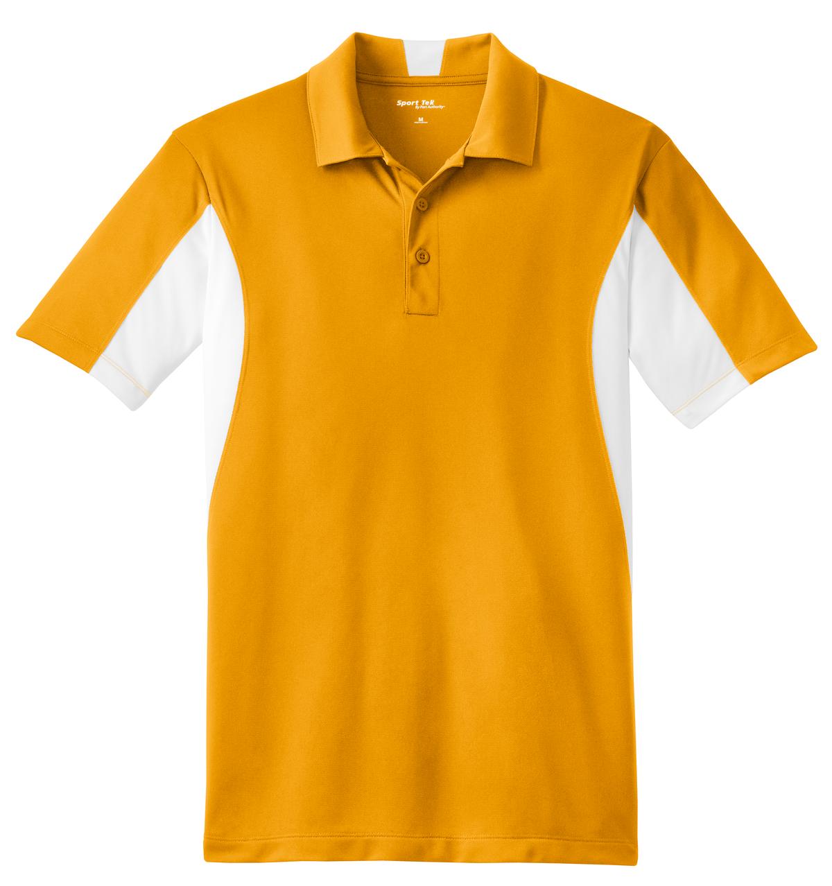 Front View of Gold/White Sport-Tek Side Blocked Micropique Sport-Wick Polo. ST655