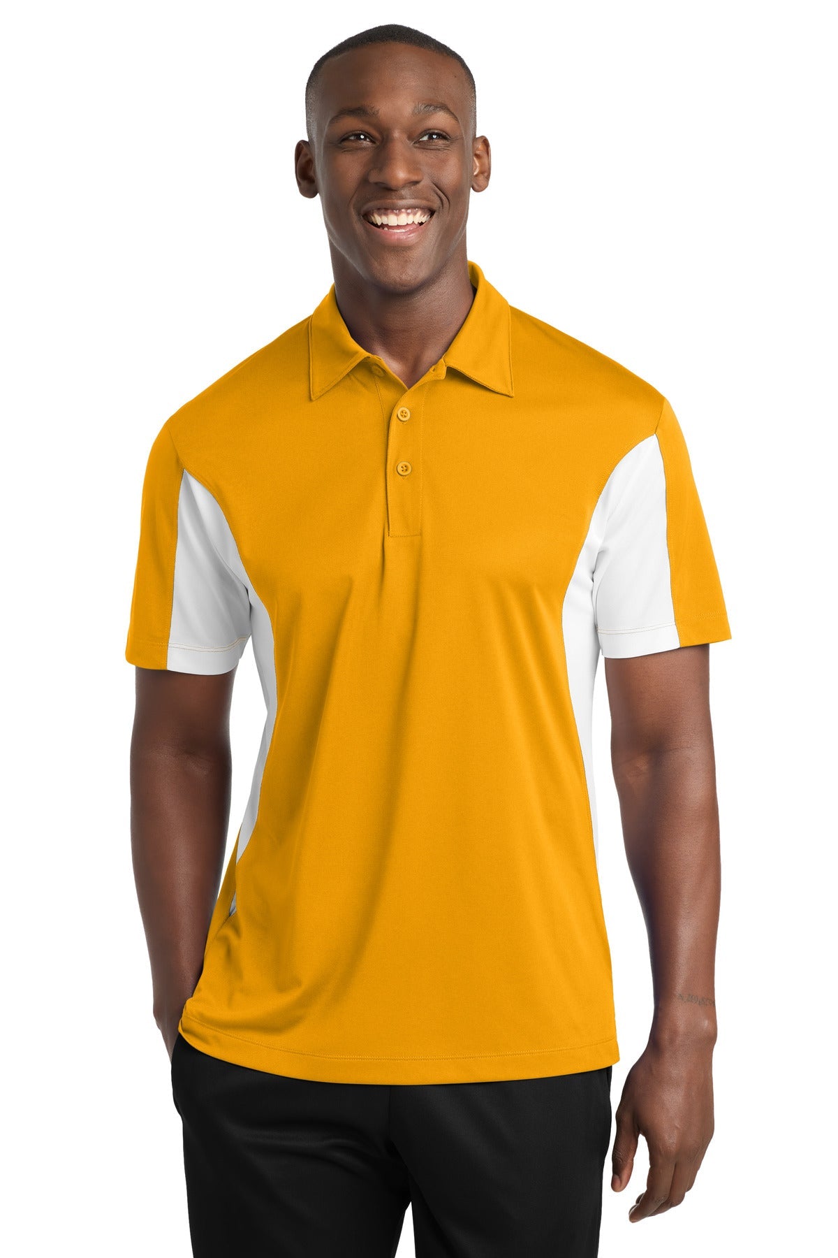 Front View of Gold/White Sport-Tek Side Blocked Micropique Sport-Wick Polo. ST655