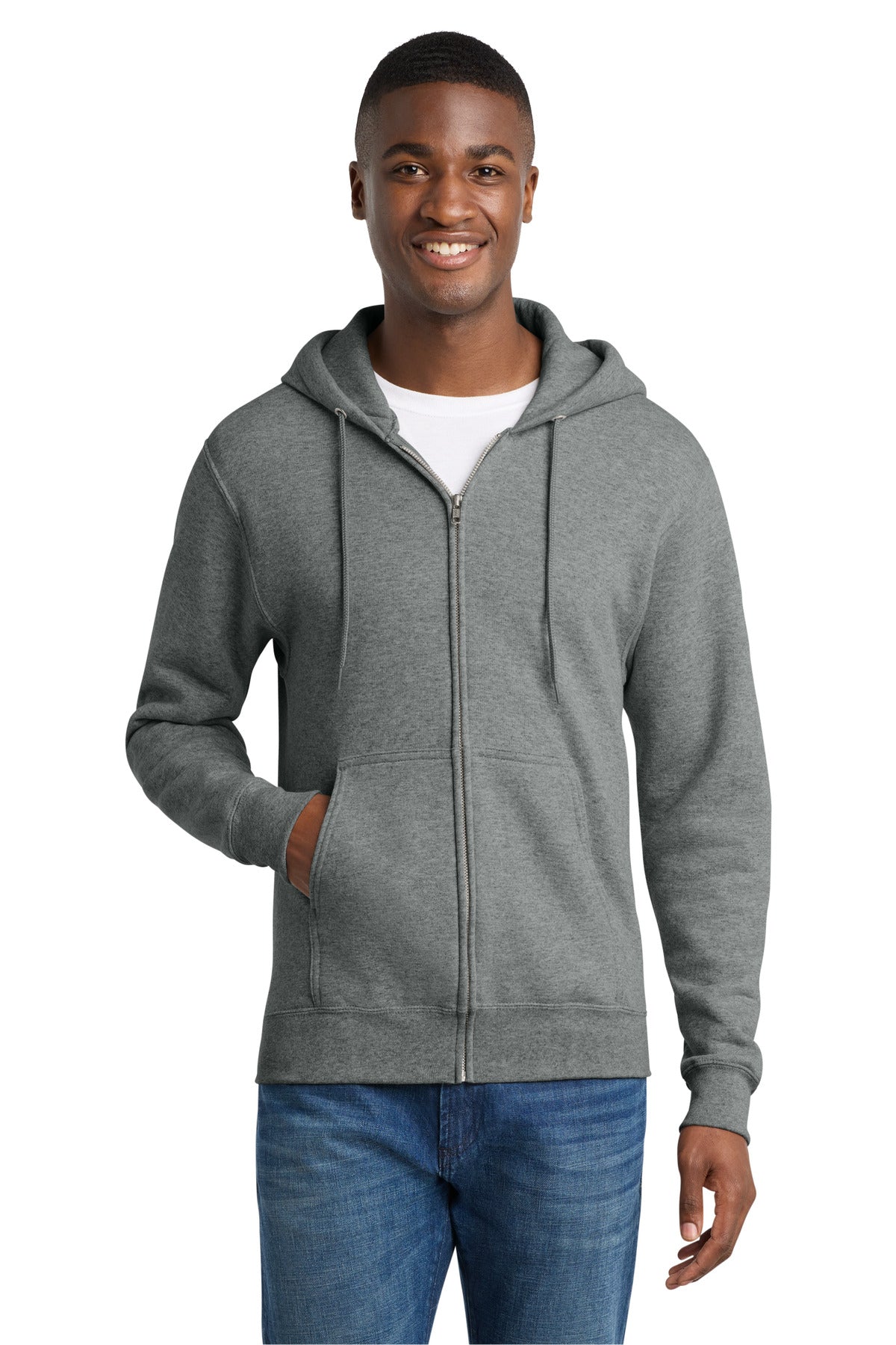 Front View of GphHeather Port & Co Core Fleece Full-Zip Hooded Sweatshirt. PC78ZH