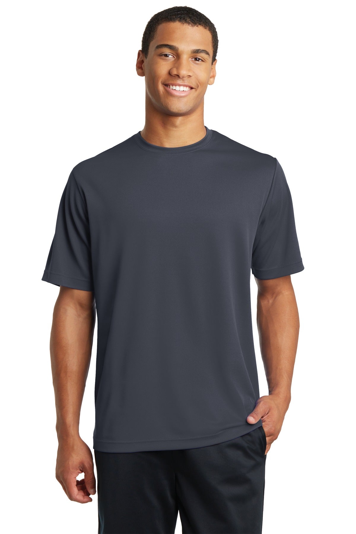 Front View of Graphite Grey Sport-Tek PosiCharge RacerMesh Tee. ST340
