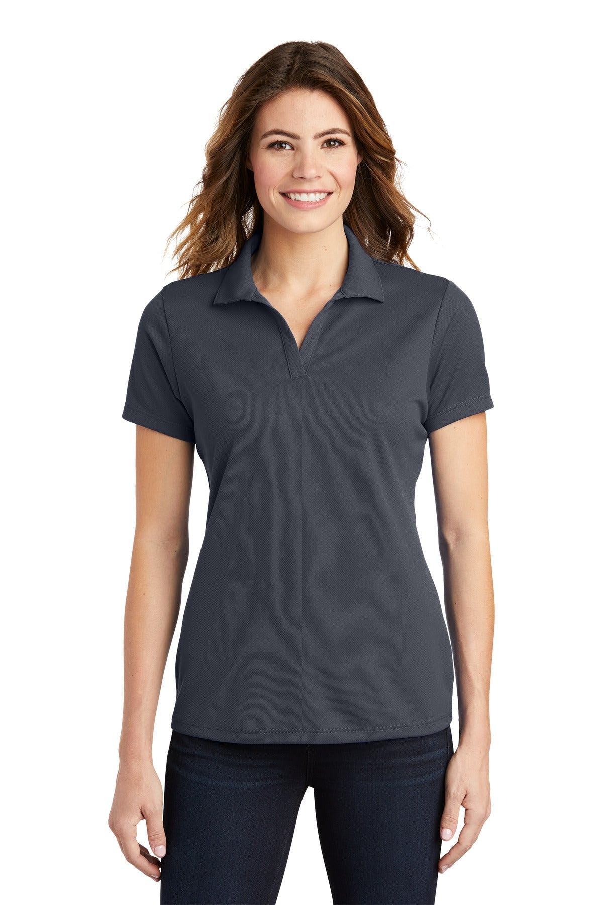 Front View of Graphite Grey Sport-Tek Women's PosiCharge RacerMesh Polo. LST640