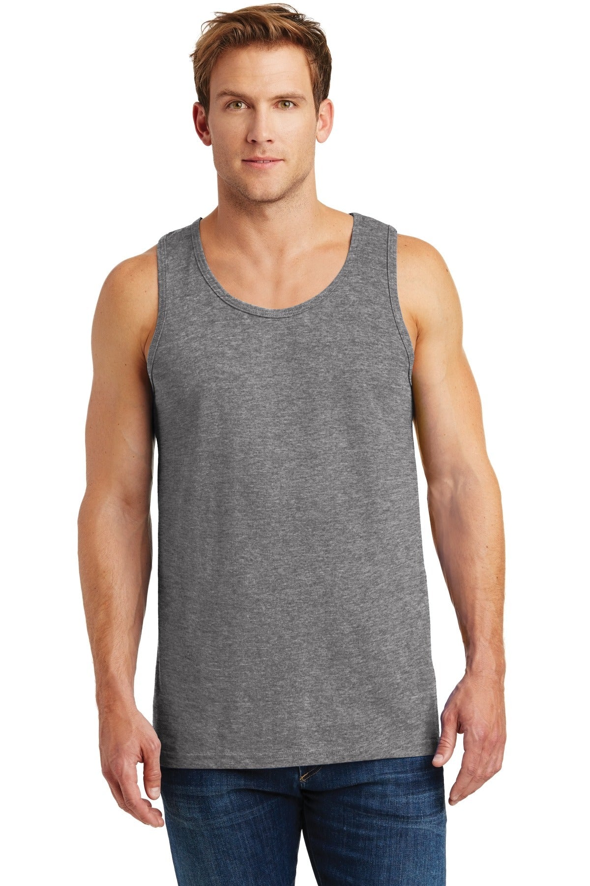 Front View of Graphite Hthr Gildan Heavy Cotton Tank Top. G5200