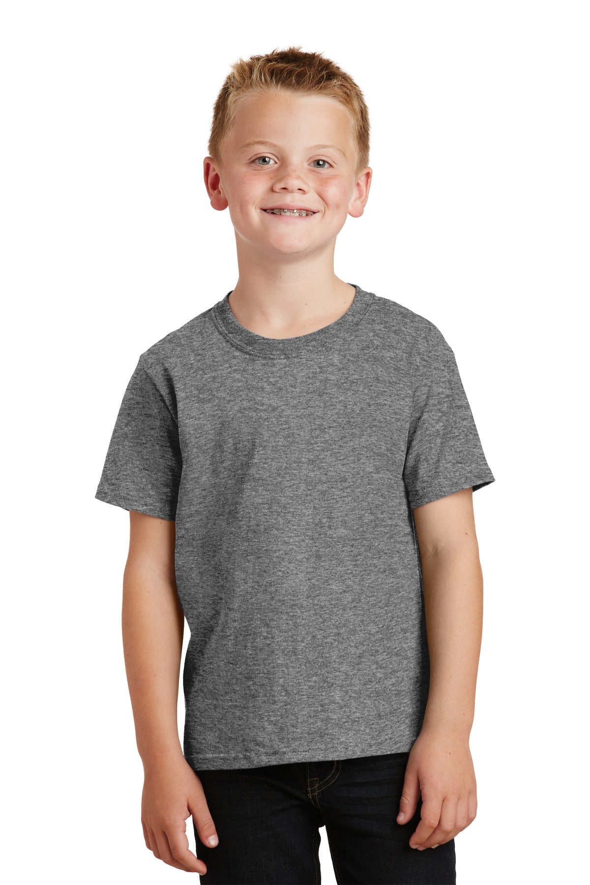 Front View of Graphite Hthr Port & Co Youth Core Cotton Tee. PC54Y