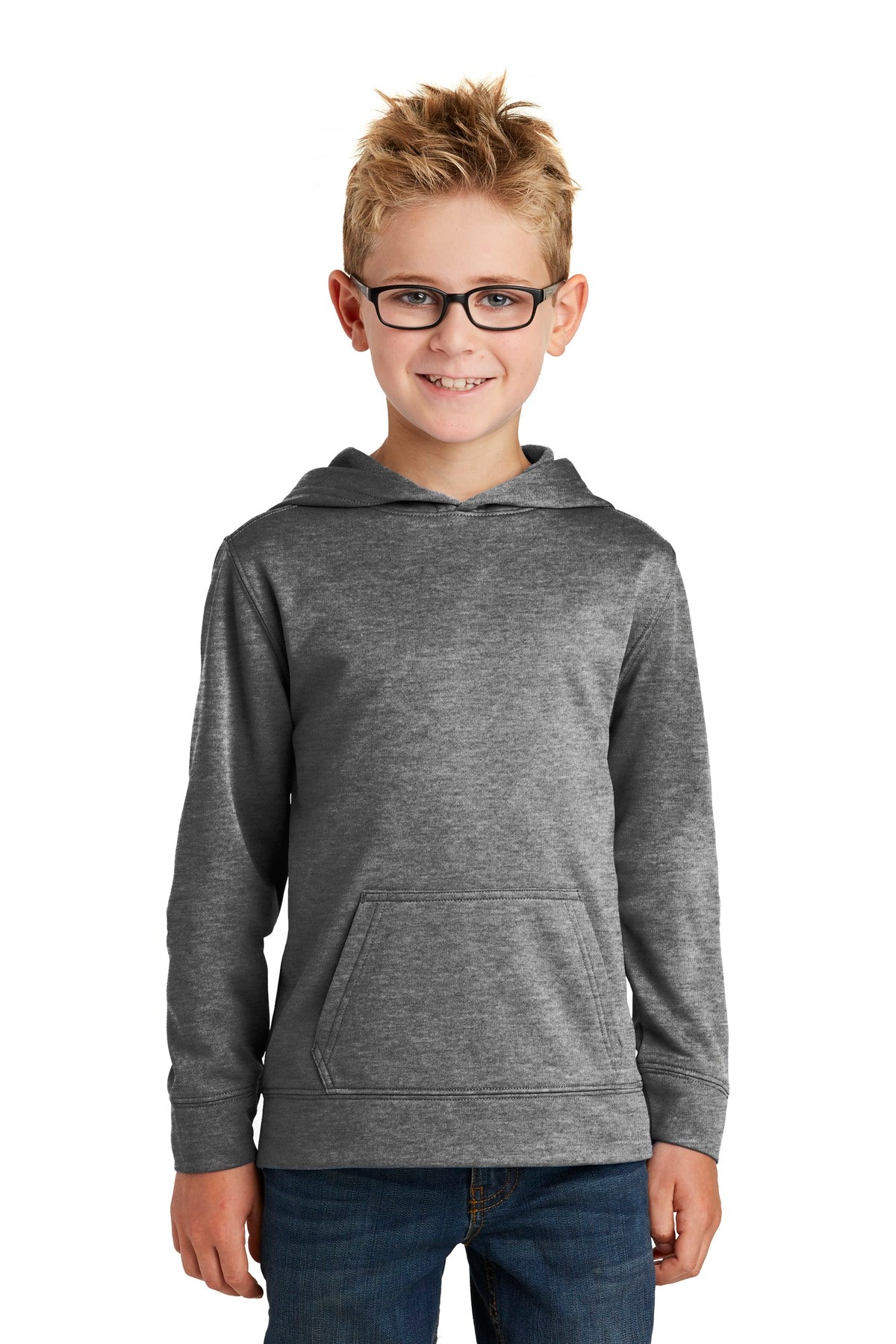 Front View of Graphite Hthr Port & Co Youth Core Fleece Pullover Hooded Sweatshirt. PC90YH