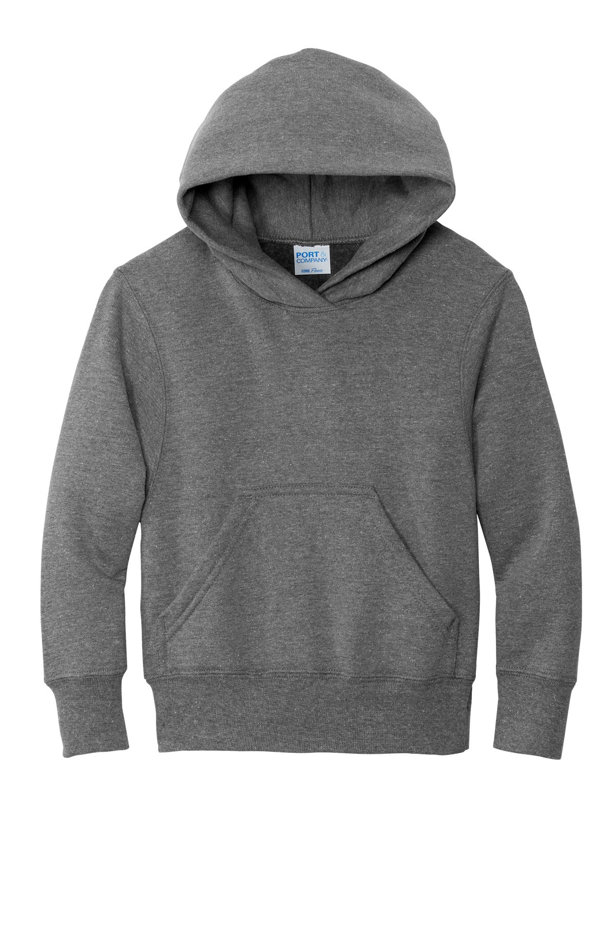 Front View of Graphite Hthr Port & Co Youth Core Fleece Pullover Hooded Sweatshirt. PC90YH