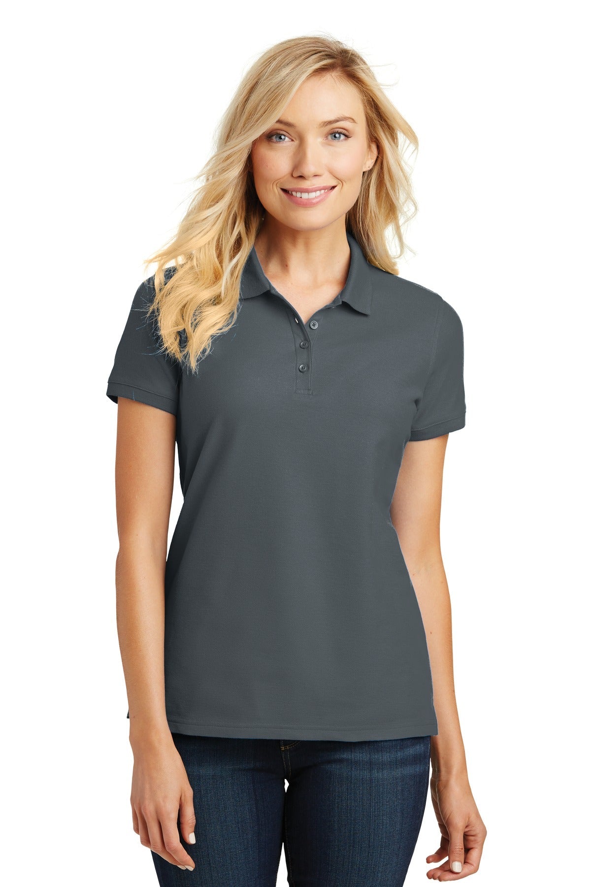 Front View of Graphite Port Authority Women's Core Classic Pique Polo. L100