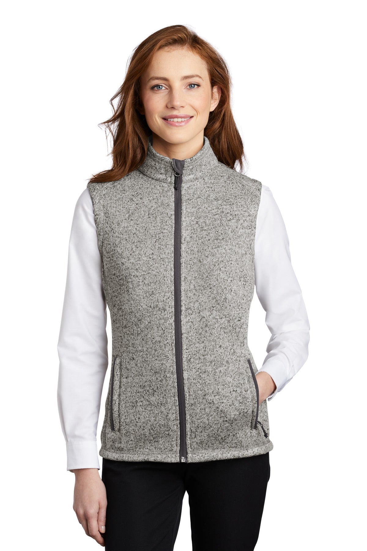 Front View of Grey Heather Port Authority Women's Sweater Fleece Vest L236