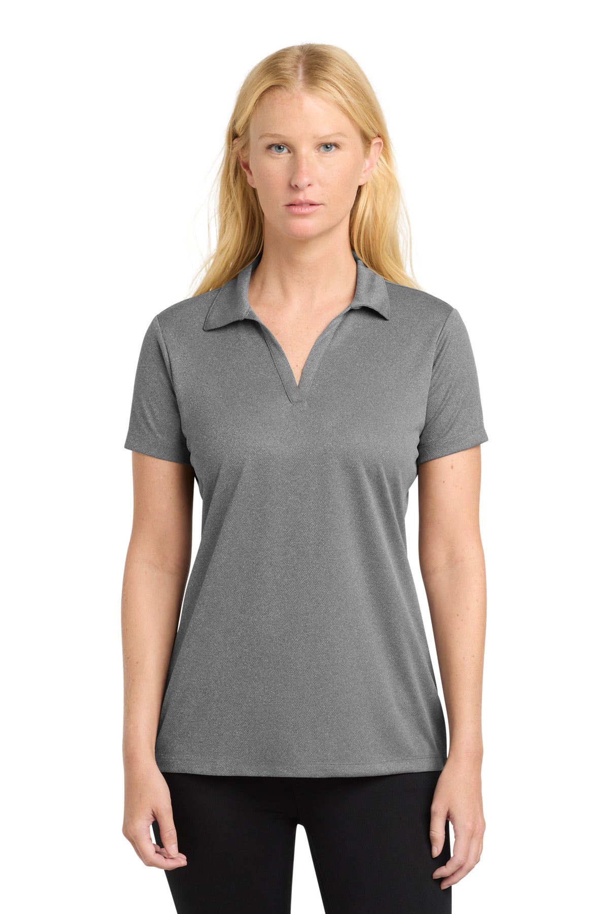 Front View of Grey Heather Sport-Tek Women's PosiCharge RacerMesh Polo. LST640