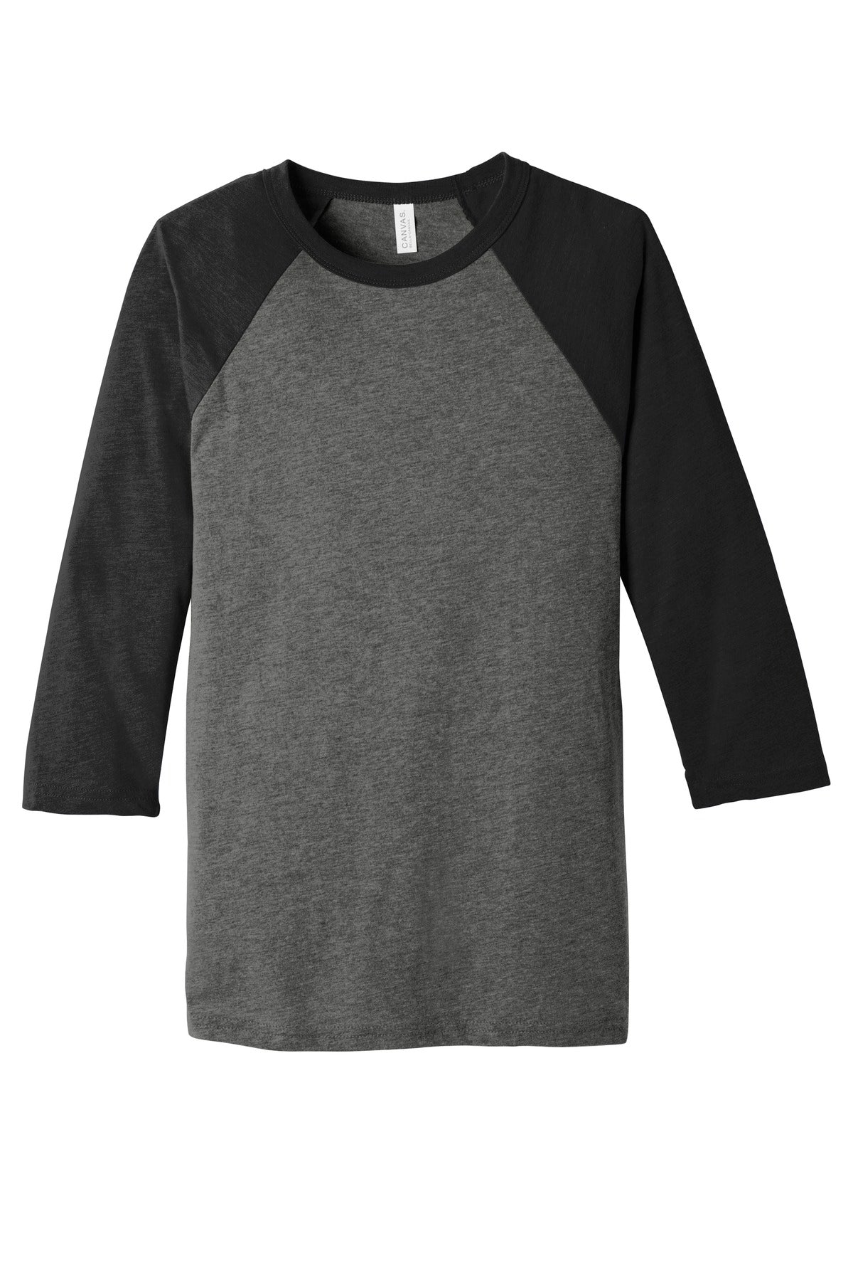 Front View of Grey/CharBk TB BELLA+CANVAS Unisex 3/4-Sleeve Baseball Tee. BC3200