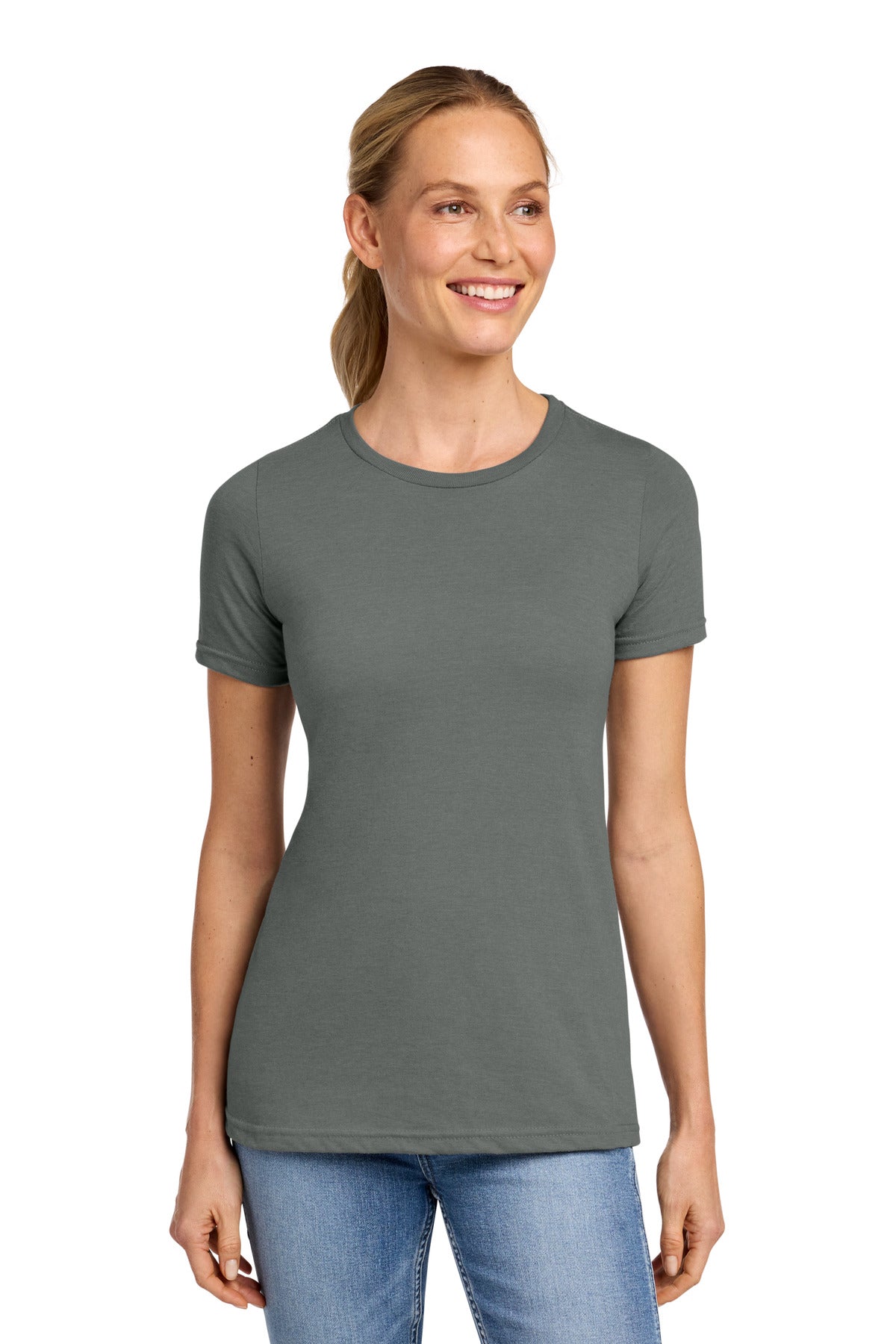 Front View of Gunmetal Gildan Softstyle Women's CVC T-Shirt 64001LCVC