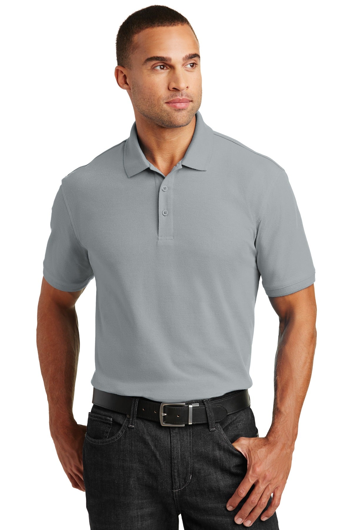Front View of Gusty Grey Port Authority Core Classic Pique Polo. K100